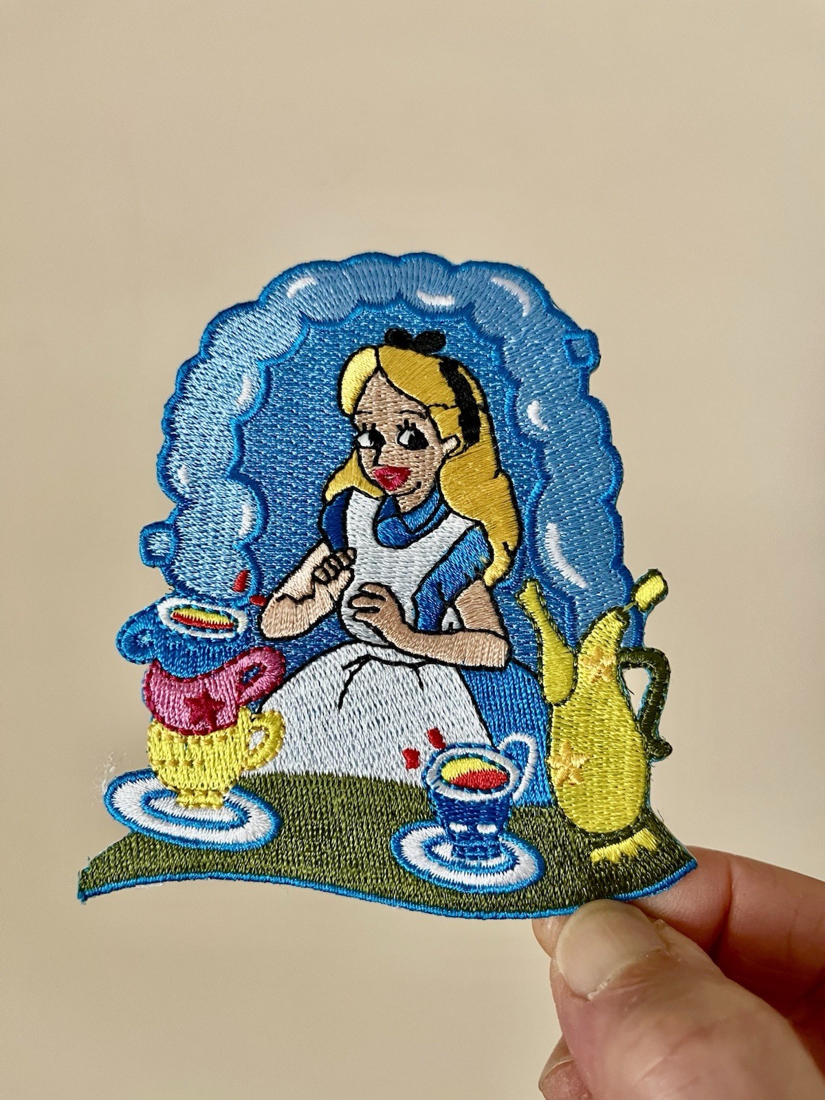 Alice In Wonderland Iron On Patch Tea Cups Blue White Yellow Embroidered Comic