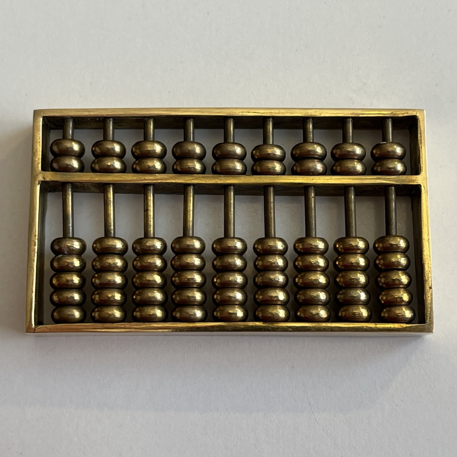 Vintage Miniature Brass Chinese Suanpan 9 Rod Abacus With Silk Brocade Box.