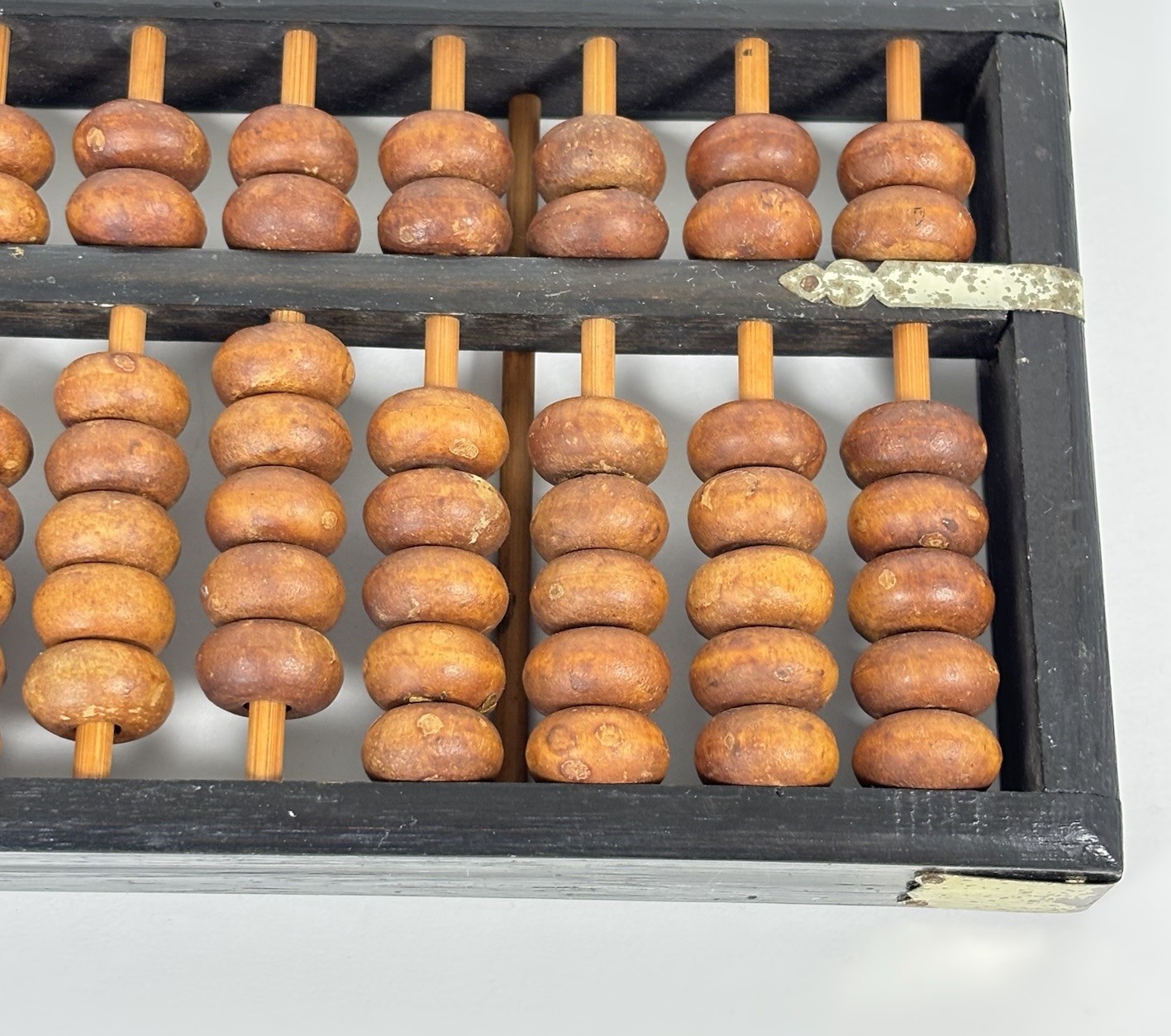 Vintage Wood Abacus 11 Rods 77 Wooden Beads Brass Corners Asian Calculator