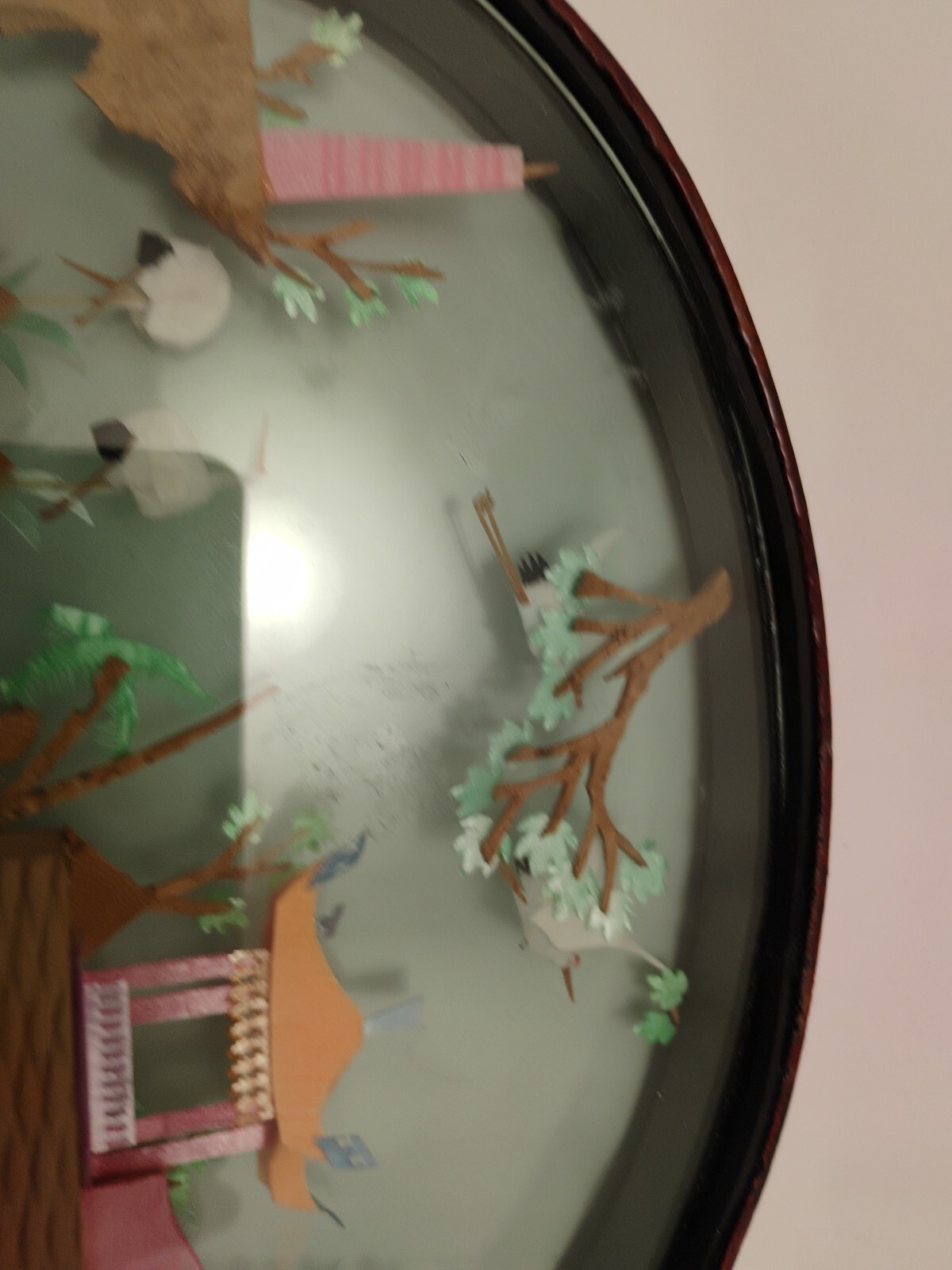 Vintage Chinese Cork Art HAND MADE Oval Lacquered Wood Glass 14×2″ Beautiful