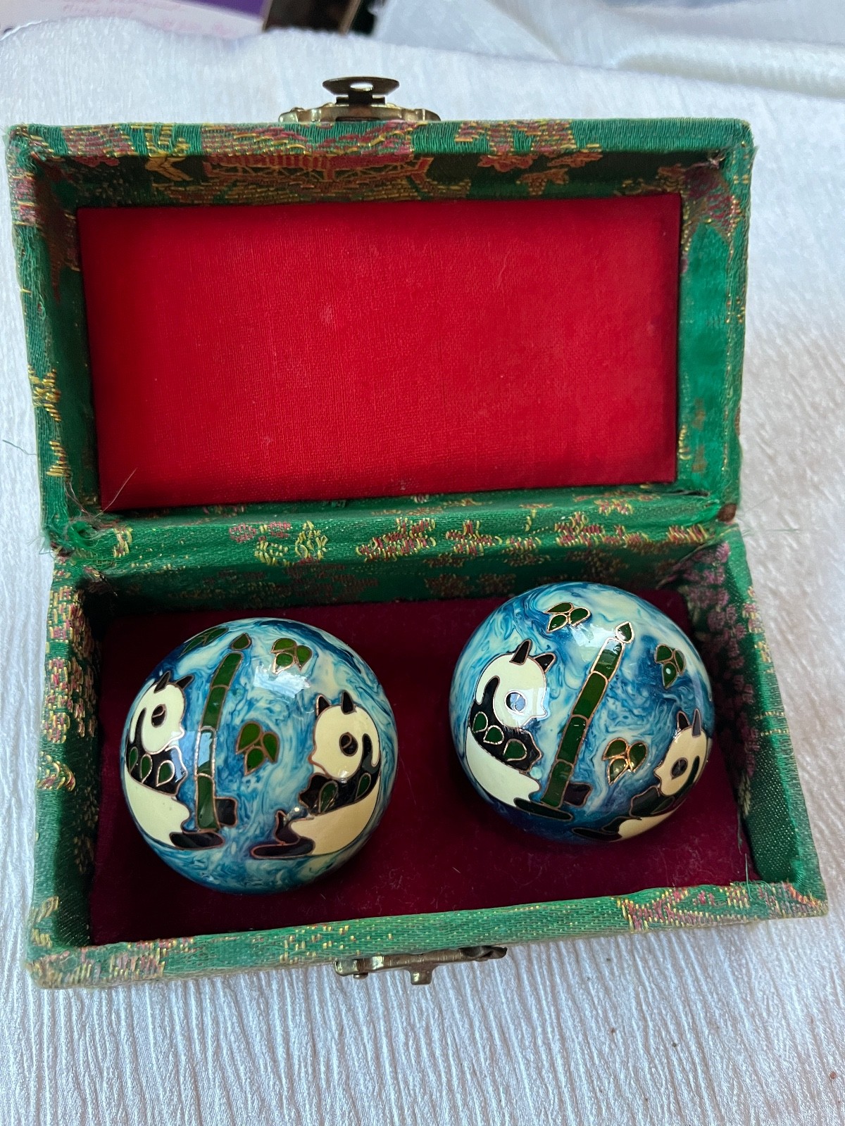 Pair of Pretty Blue & White Swirl Enamel w Cloisonné Panda Bears Magnetic Metal