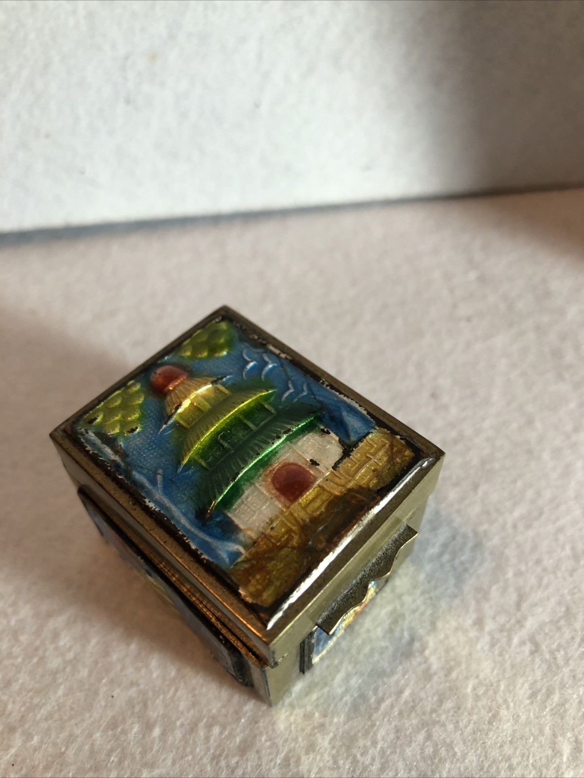 Chinese Brass Enamel Temple Stamp Box Vintage Antique