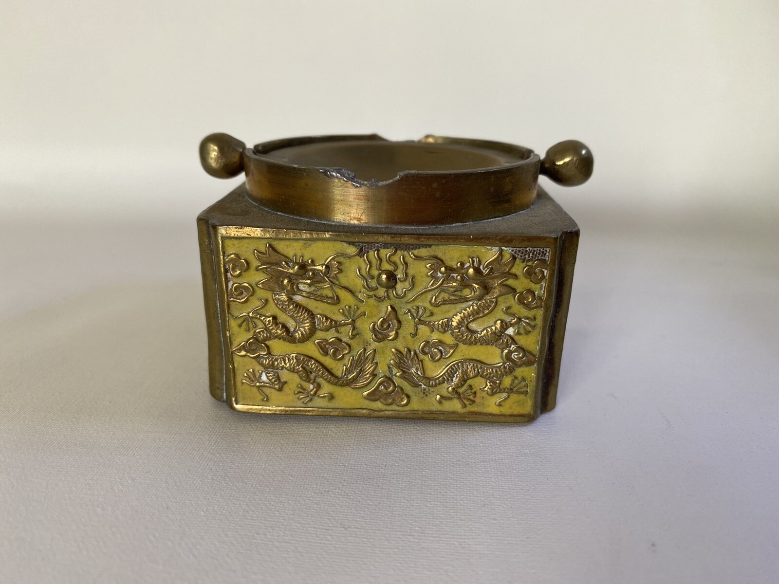 Antique Chinese Enamel Flip Top Ashtray With Eight Dragons Marked CHINA￼