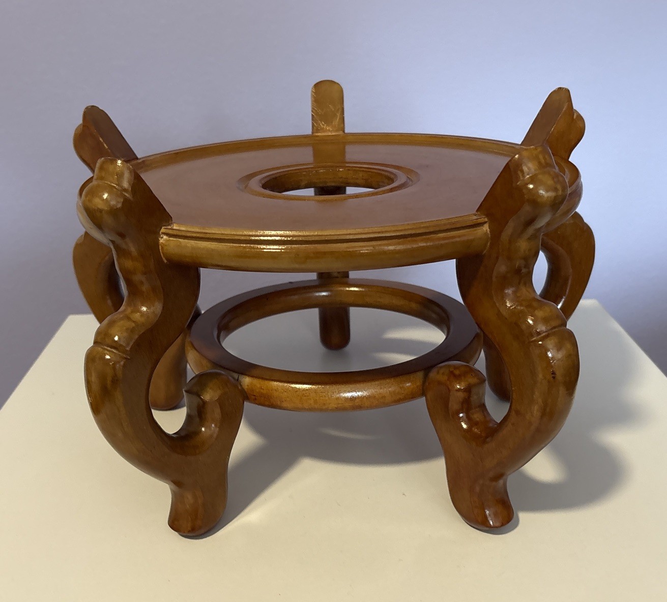 Carved Wood Plant Stand Display Honey Brown Vase Fish Bowl Asian Oriental 10”