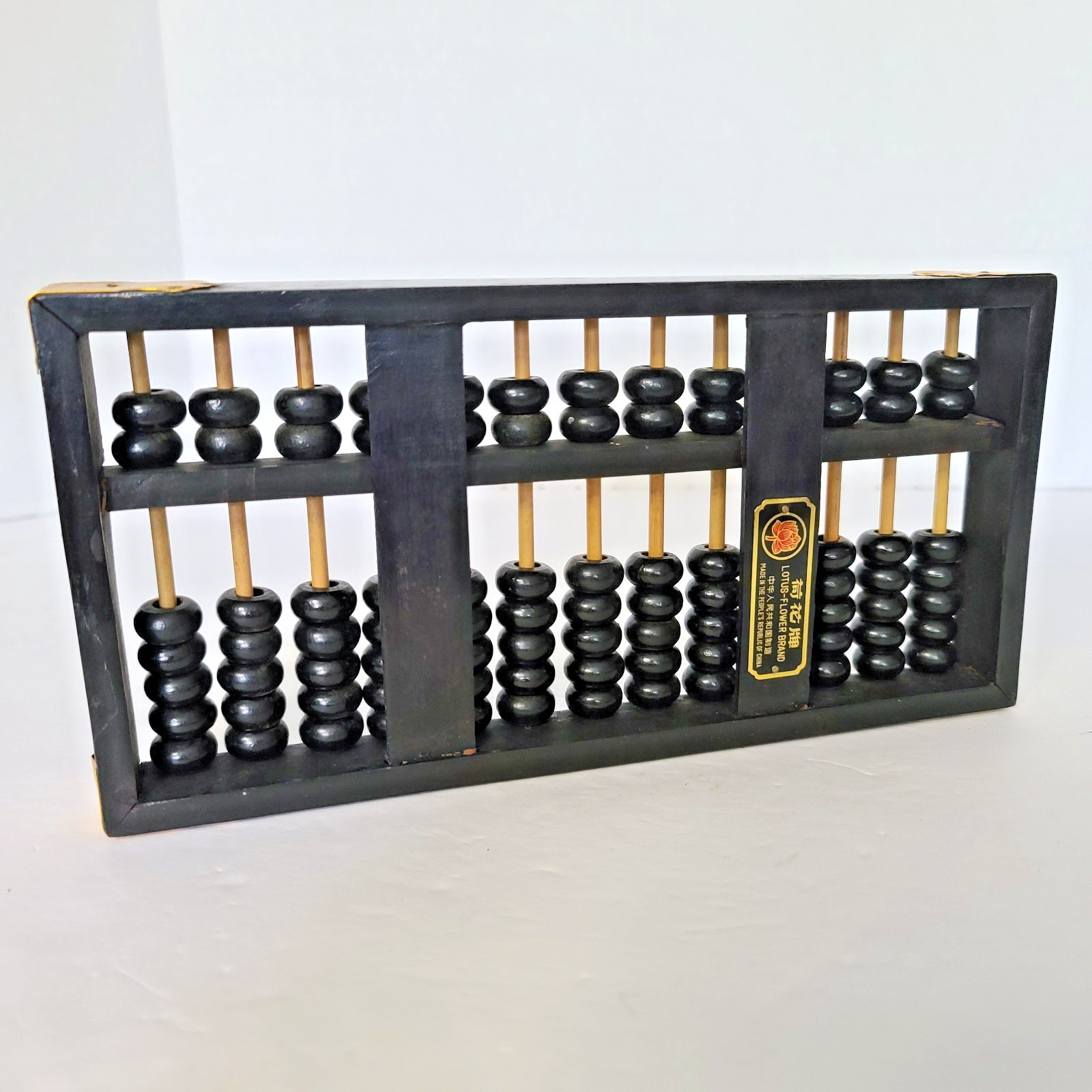 VTG Chinese Lotus Flower Abacus 13 Rod 91 Beads Black Painted Wood Brass Details