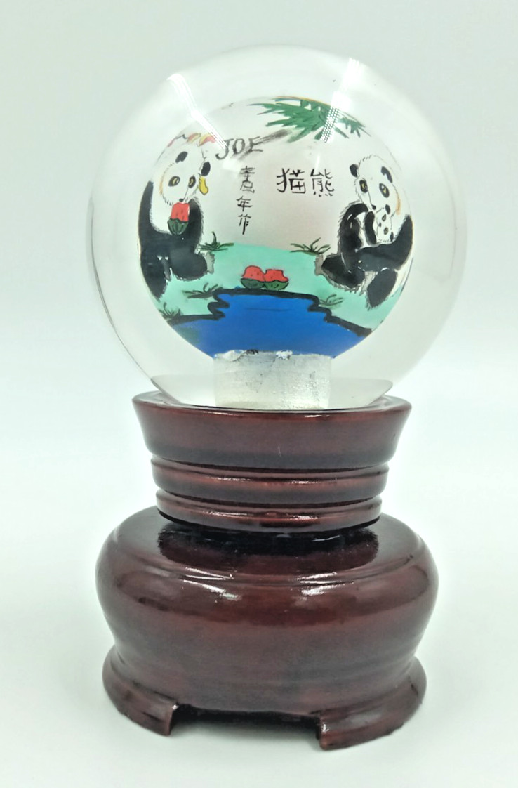 Vintage Reverse Chinese Glass Ball Pandas Paperweight Hand Painted With Stand
