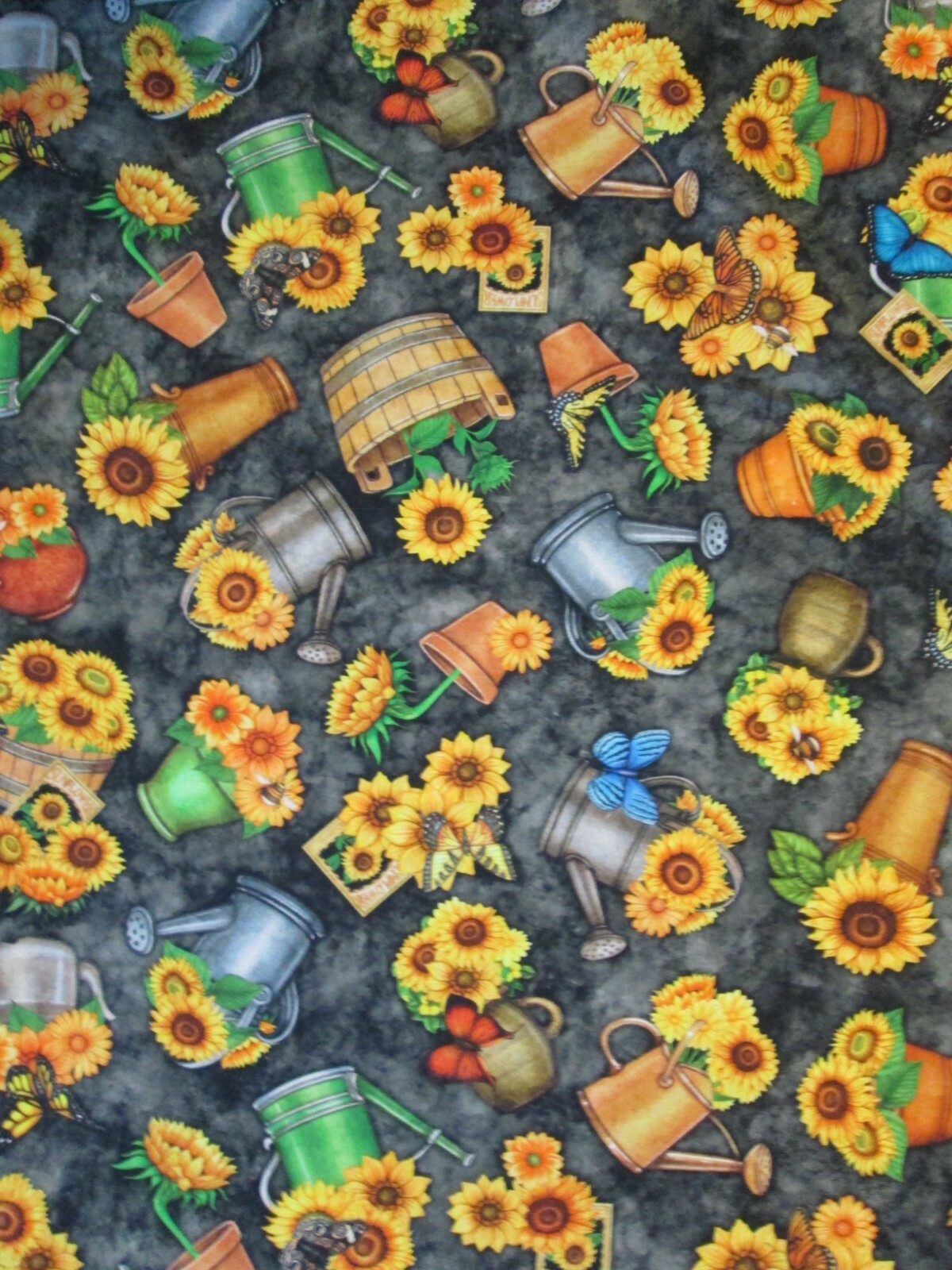 SUNFLOWER FLORAL SUNFLOWERS POTS WATER CANS BLK DIGITAL PRINT COTTON FABRIC BTHY