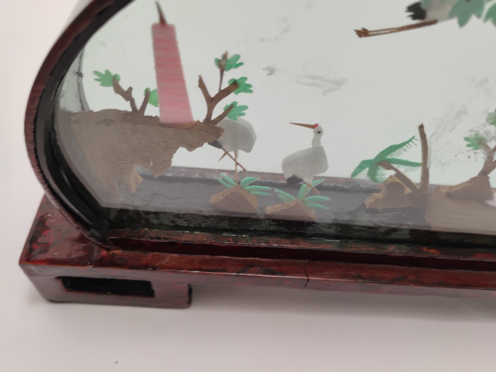 Vintage Chinese Cork Art HAND MADE Oval Lacquered Wood Glass 14×2″ Beautiful