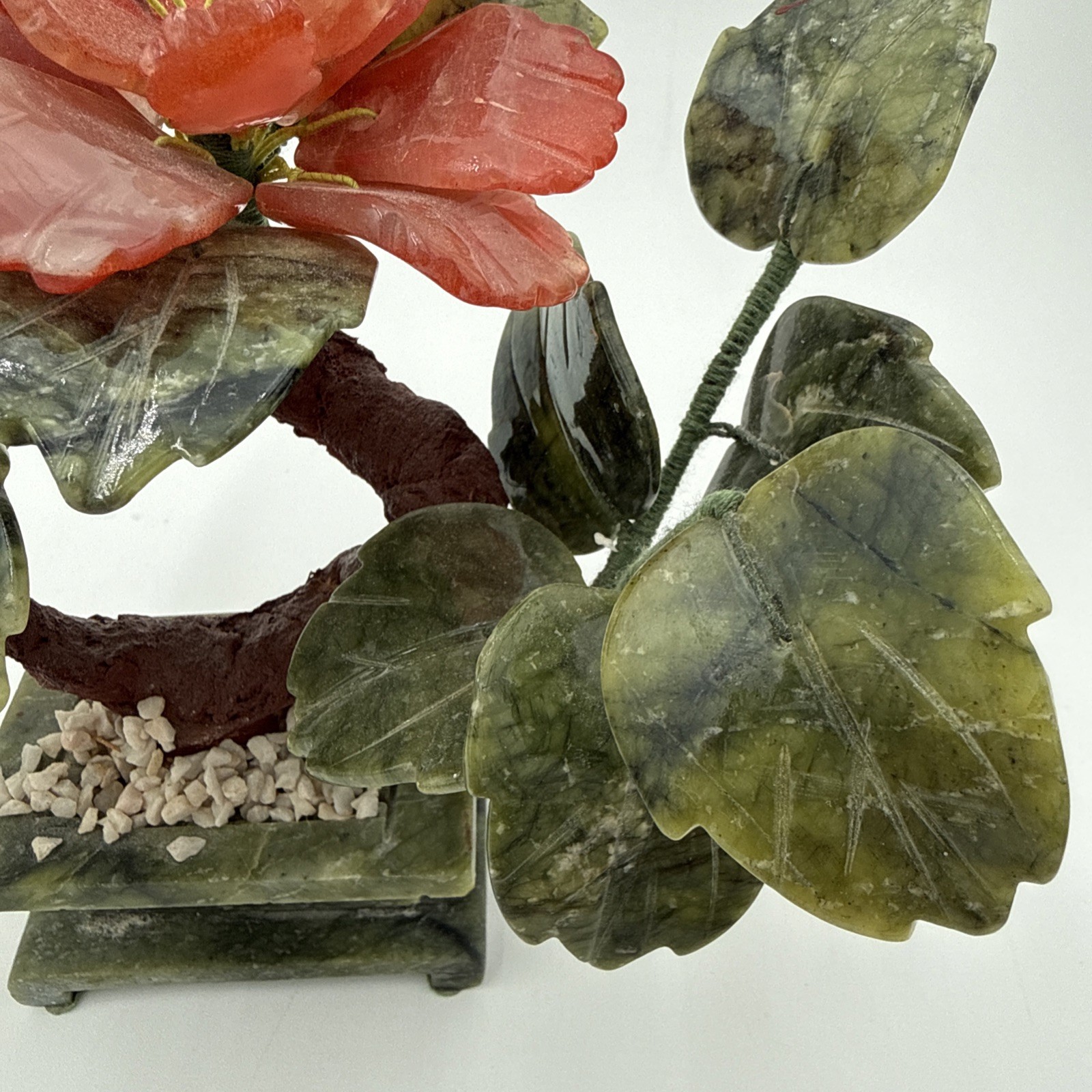 Vintage Chinese Jade Quartz Bonsai Tree Floral In Celadon Pot Carved Flower Tree