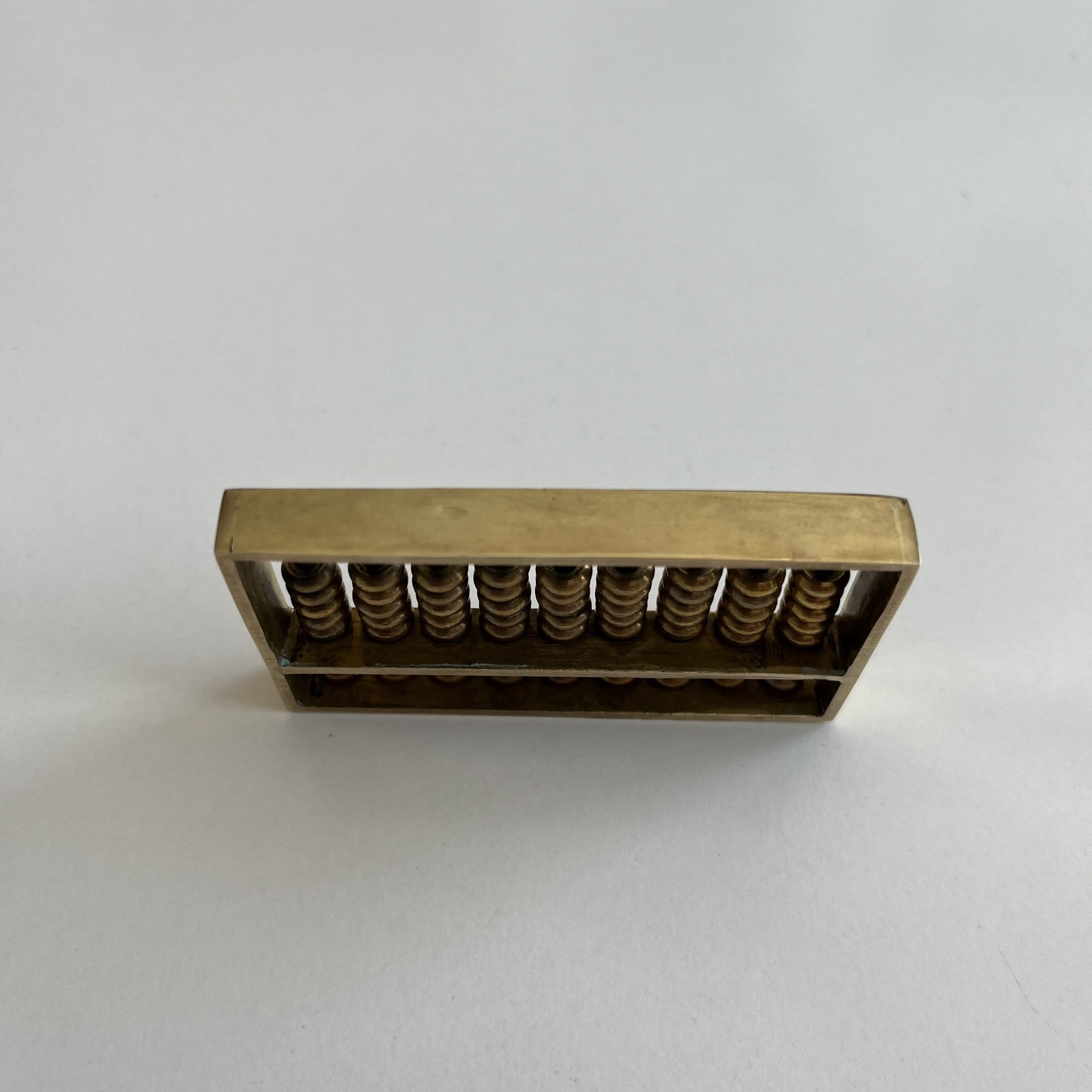 Vintage Miniature Brass Chinese Suanpan 9 Rod Abacus With Silk Brocade Box.