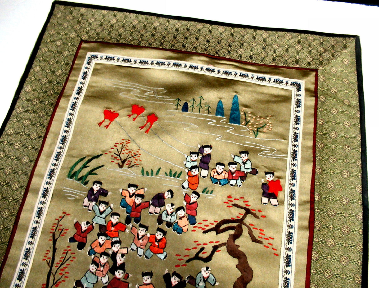 Vtg Oriental Silk Panel Hand Embroidered Scenes People Elephant, Boat, Etc.