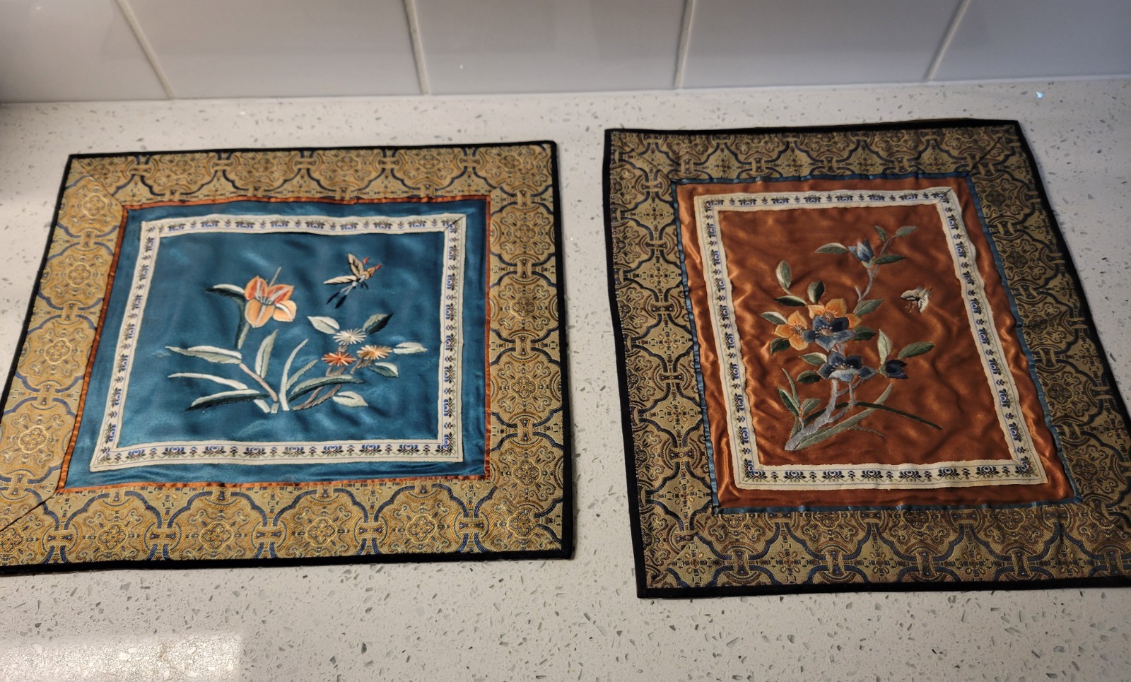 2 vintage Dun Huang Beijing silk embroidered tapestry panels with…