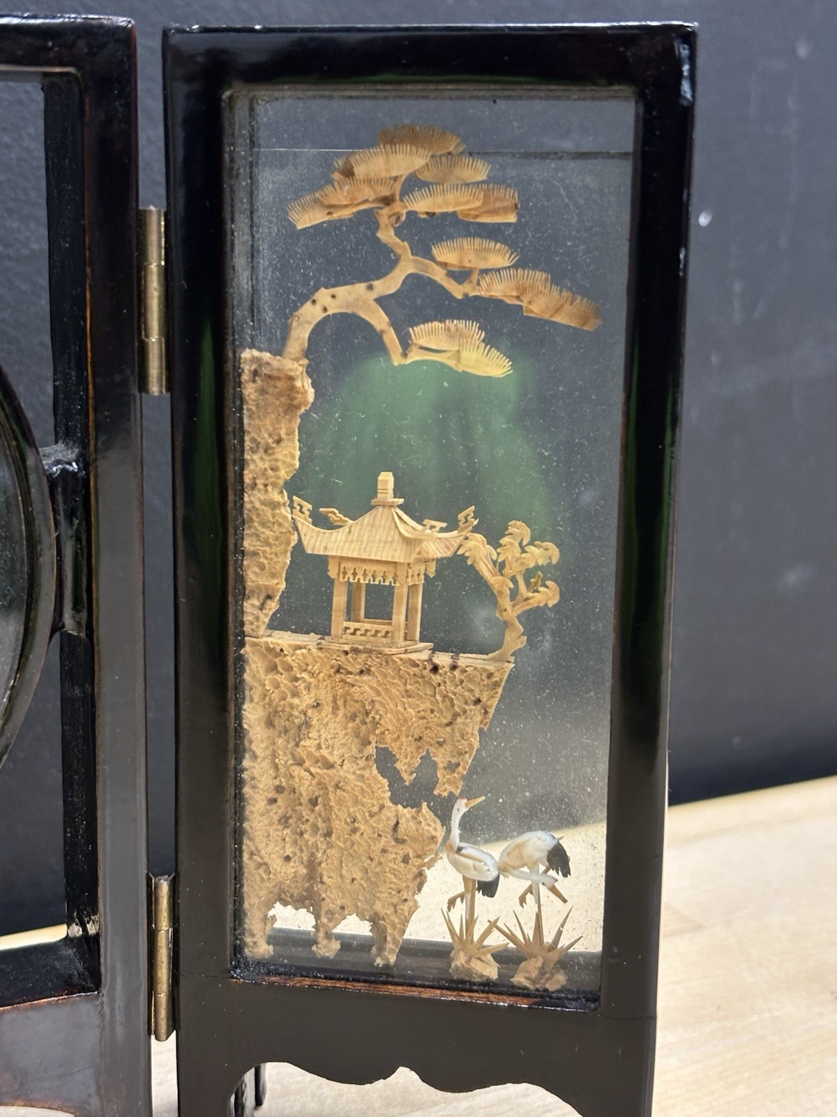 Vintage Chinese Cork Art Hand Carved Tri-Fold Diorama Box Pagoda Trees Cranes