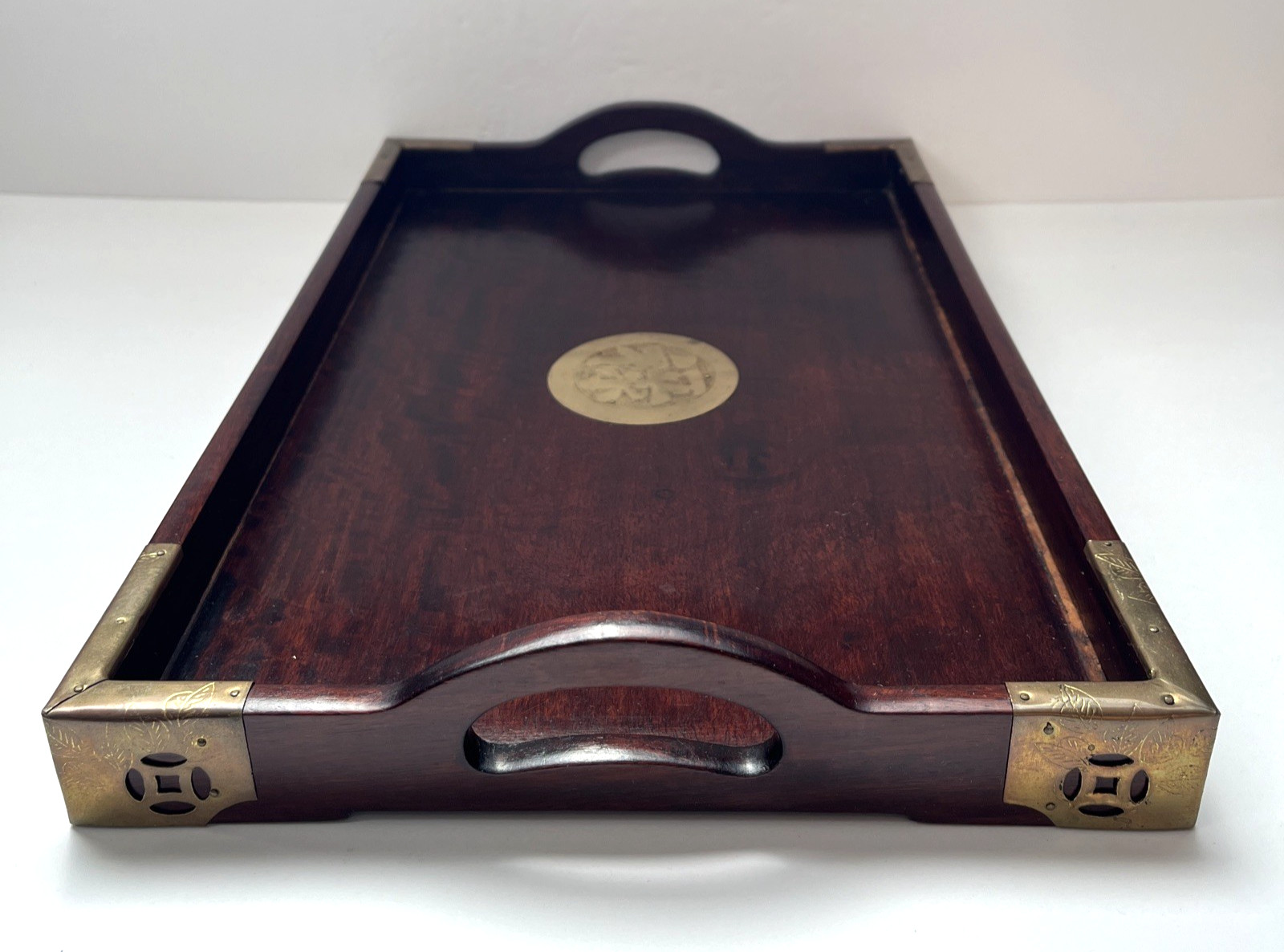 Vtg Chinese Hand Crafted Hardwood Tray w/ Etched Brass Motif Career Prospects