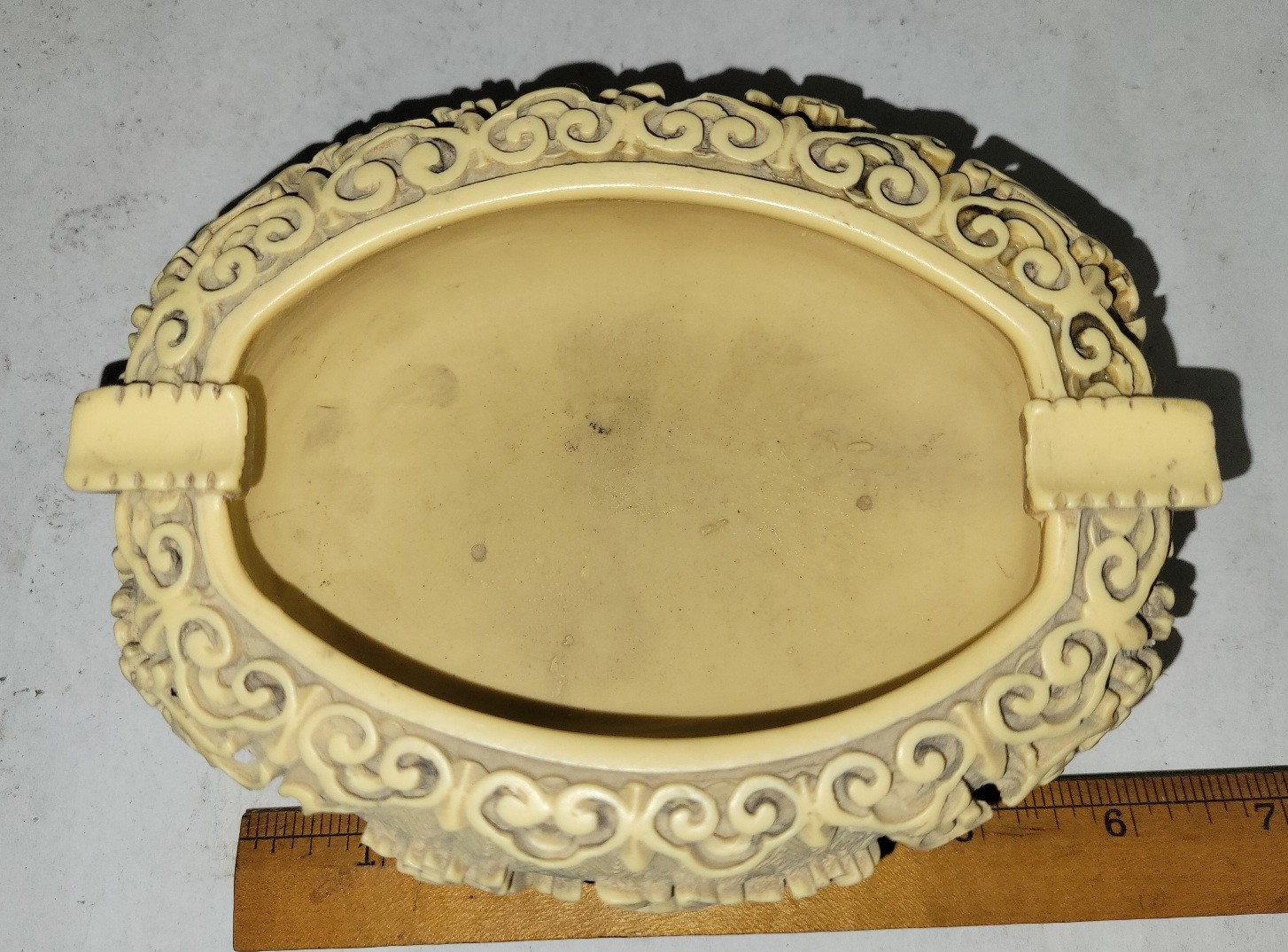 Vintage Chinese Carved Floral & Scrolled Ivory Color Cinnabar Ashtray Heavy
