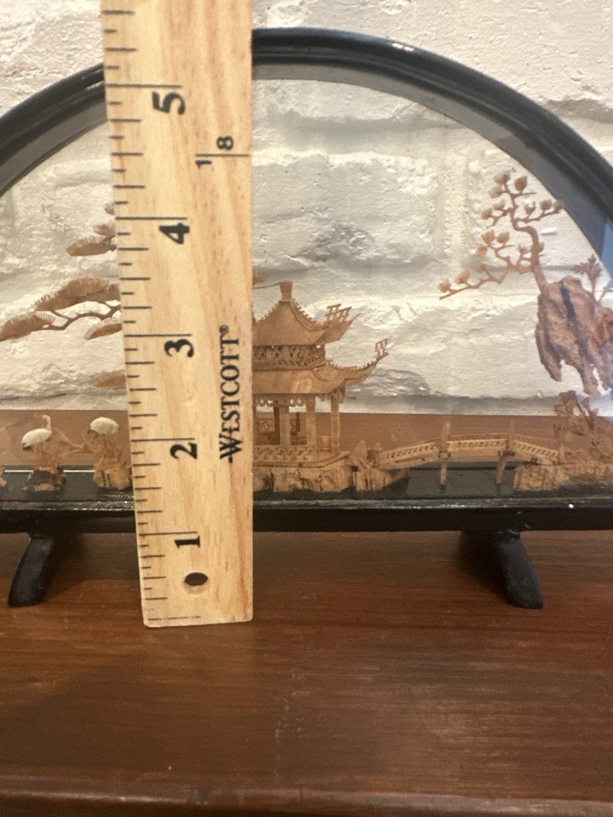 VINTAGE CHINESE SAN YOU DIORAMA CORK CARVING GLASS CASE PAGODA TREES & CRANES.