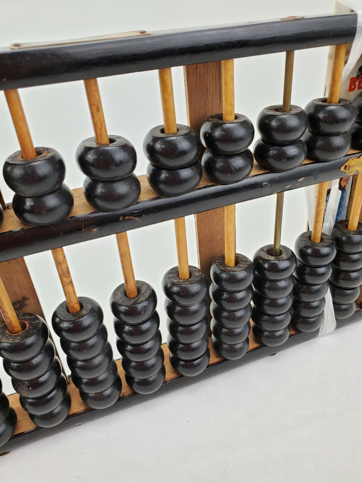 Vtg Abacus Lotus Flower Black Lacquer Wooden Brass 11 Rods 77 Beads Booklet 60s