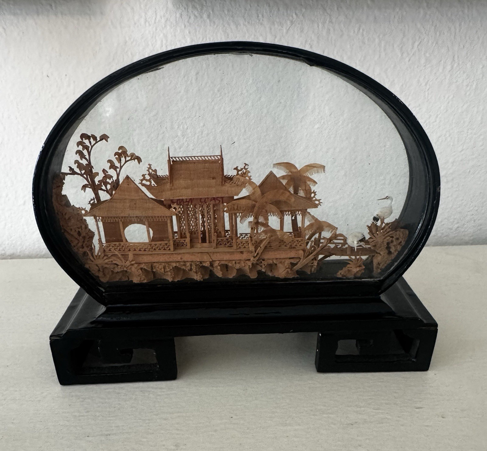 Vintage Chinese DIORAMA Cork Carving Oval Wooden Glass Case Trees Cranes