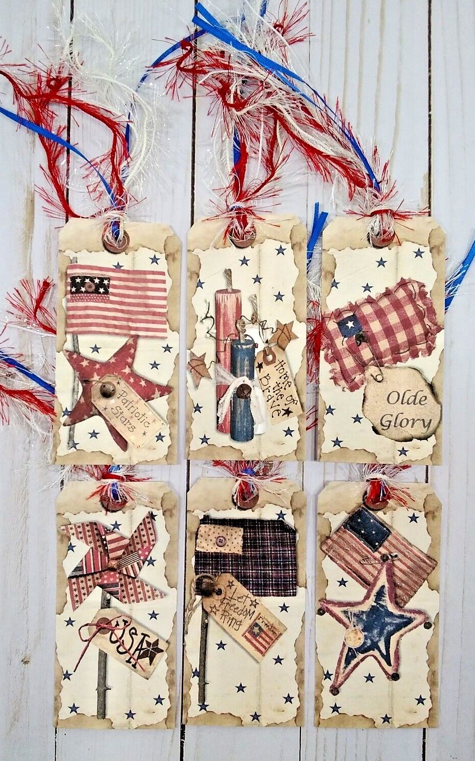 6 Patriotic Prim~Handmade~Gift Tags~Scrapbooks~Junk Journals~Crafts~Bookmarkers