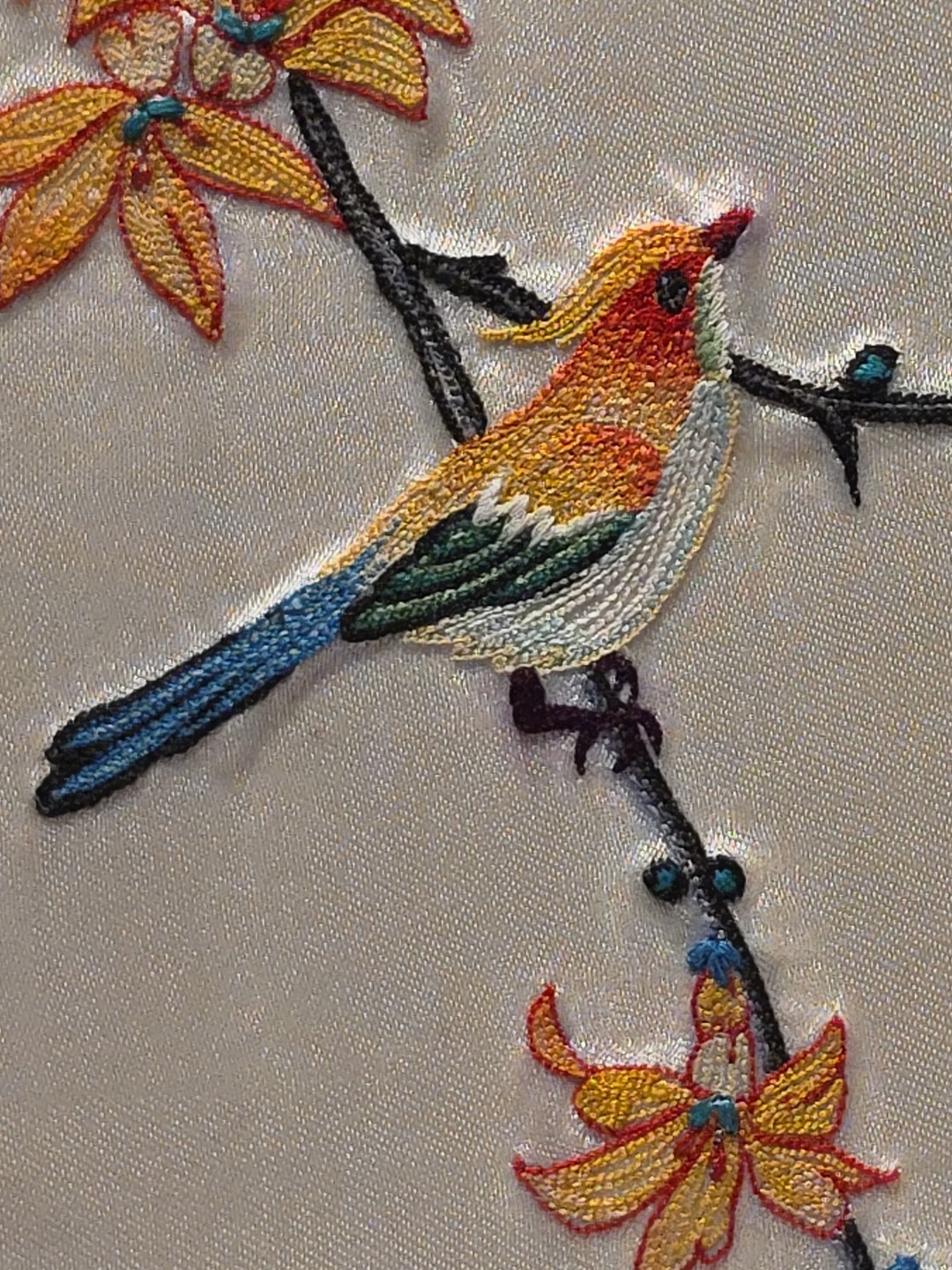 VTG Asian Chinese Silk Embroided Bird on Blossom Branch Framed Art 11.5″x 14.5″