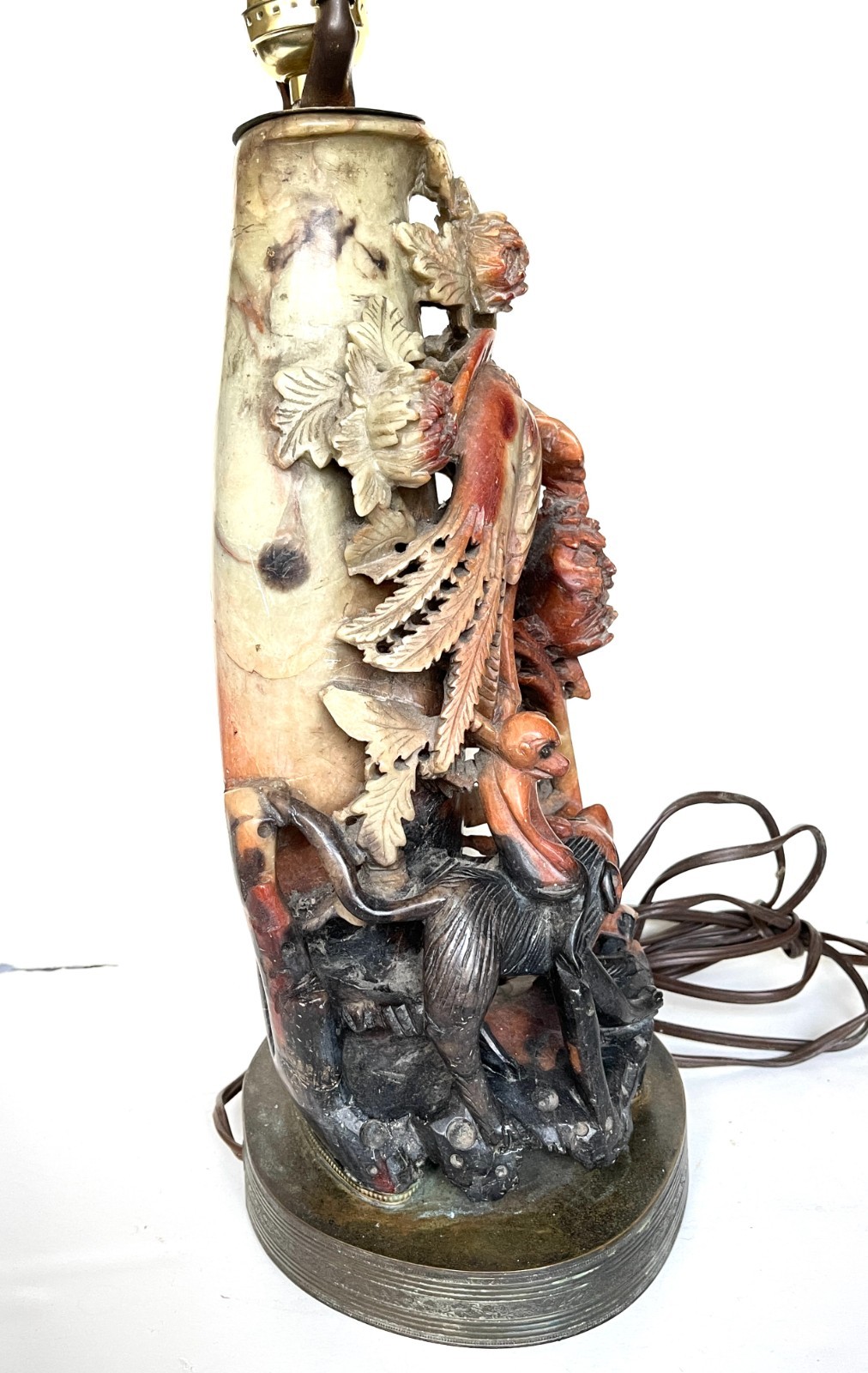 Chinese Soapstone Lamp Carved Bird Paradise Monkey Flowers Antique