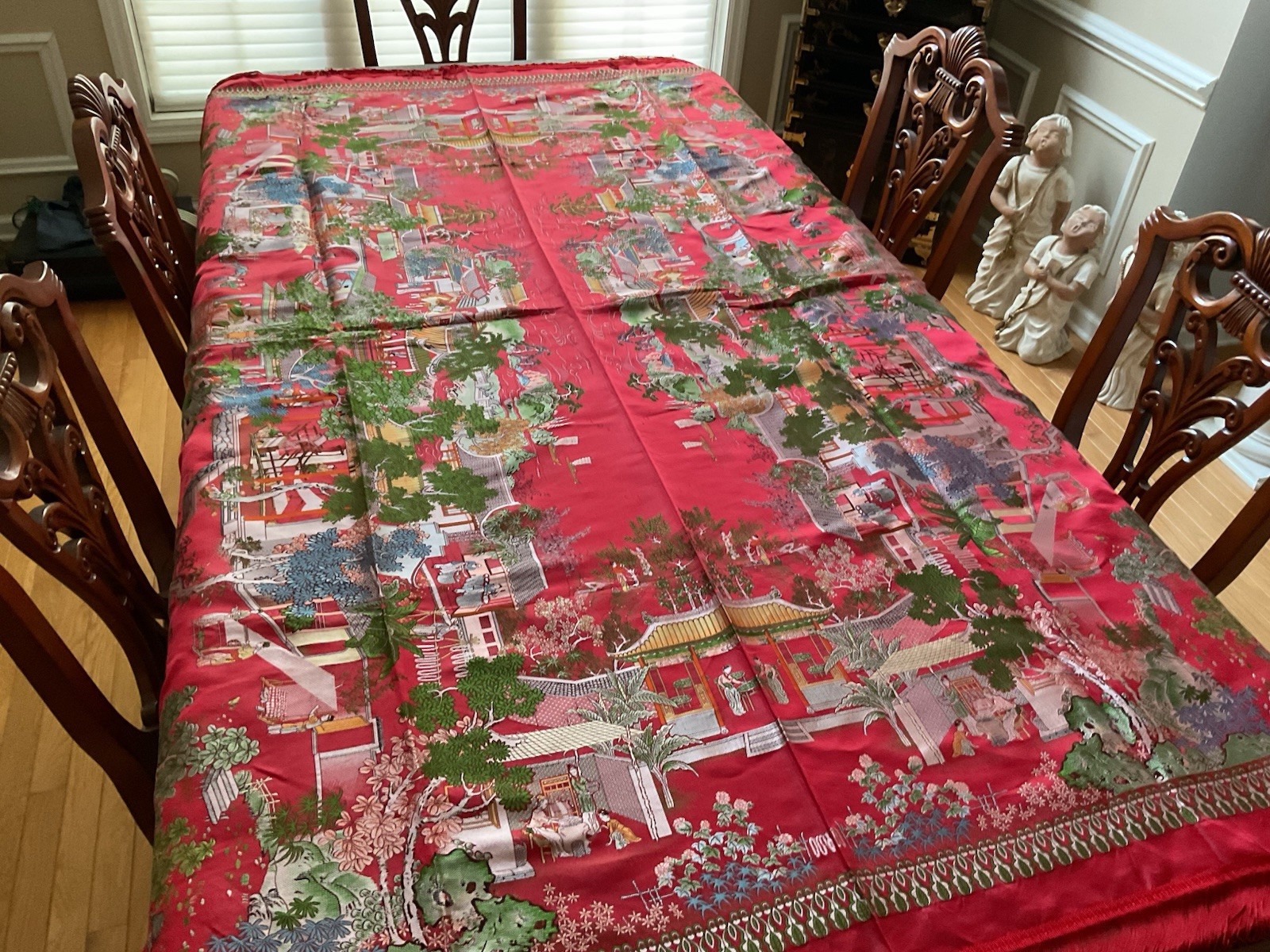 Vintage Brocaded Flowers brand Chinese Red Silk Tapestry Tablecloth 80″x54″