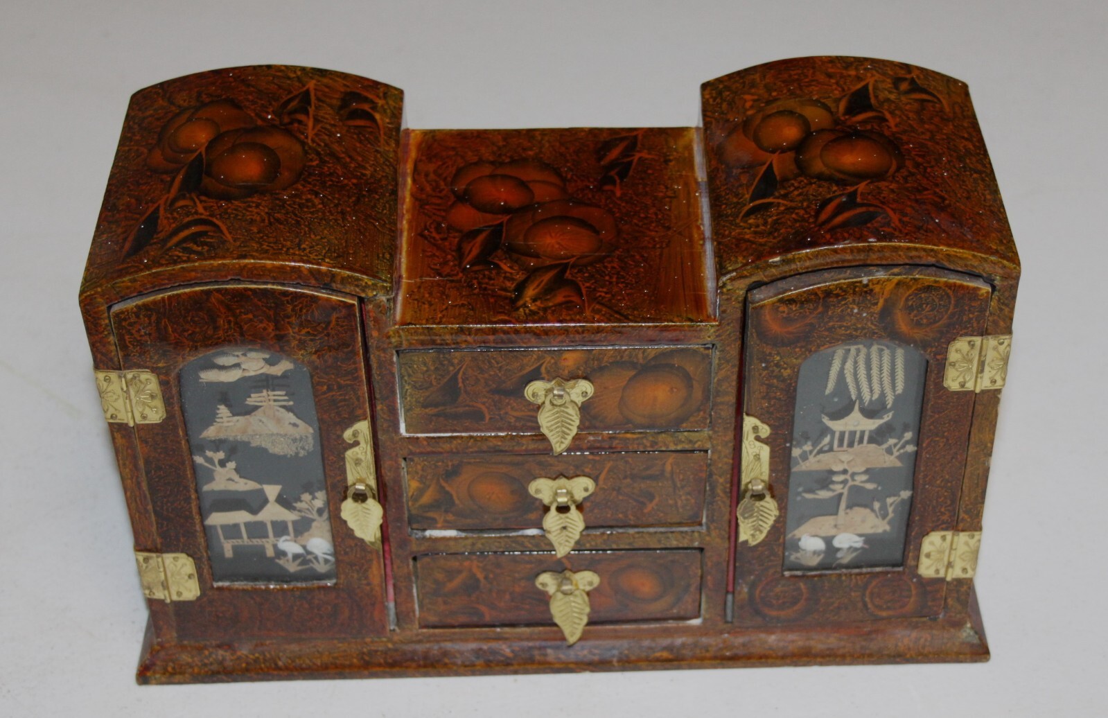 Asian Jewelry Wood Box with Cork Art Pagoda Scene Brass