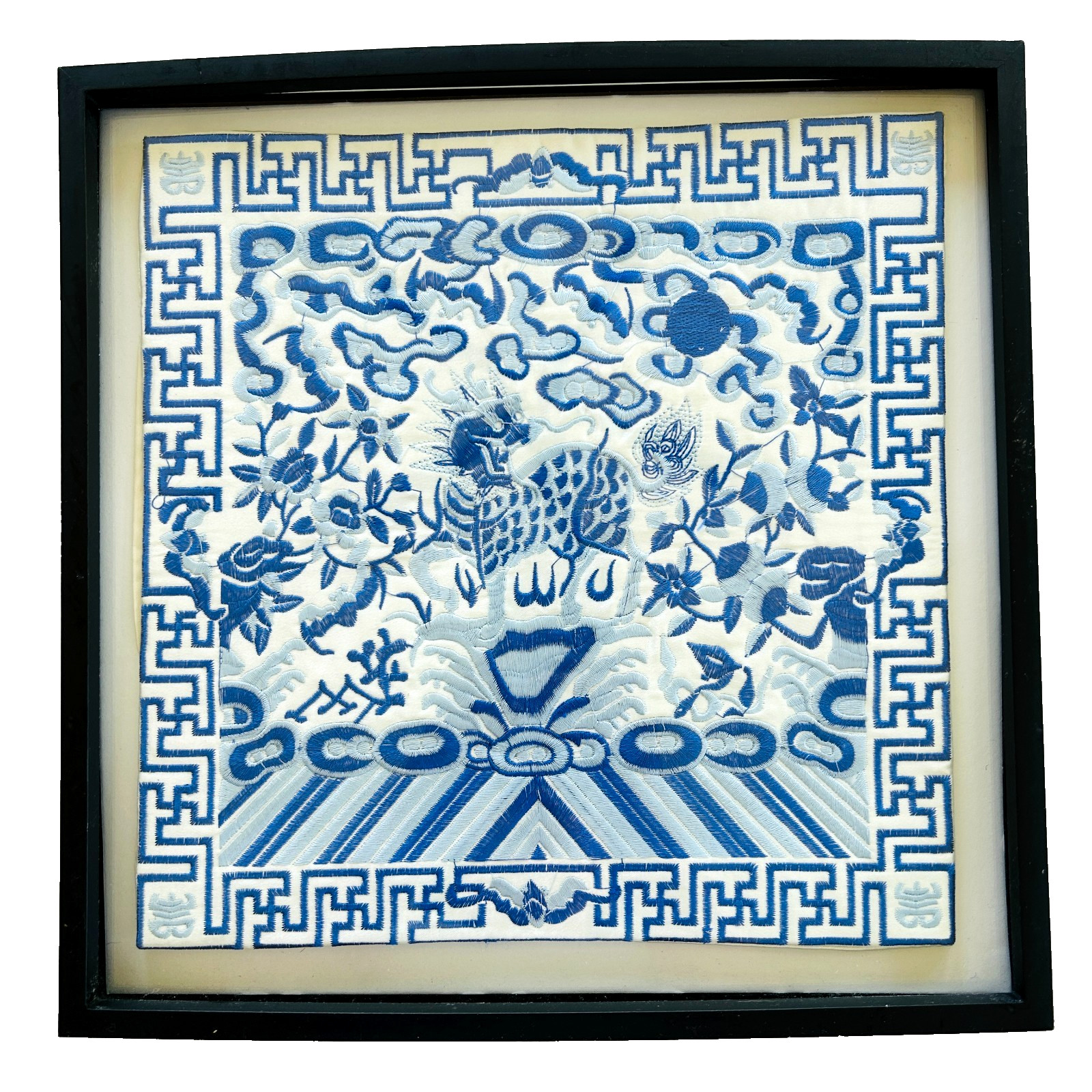 Shadow Box Framed Chinese Silk Embroidered Dragon Mat 12.5 in Square Wall Art