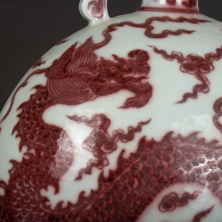 10.2″ Chinese Yuan Porcelain Red Glaze Hand Painting Animal Dragon Oblate Vase
