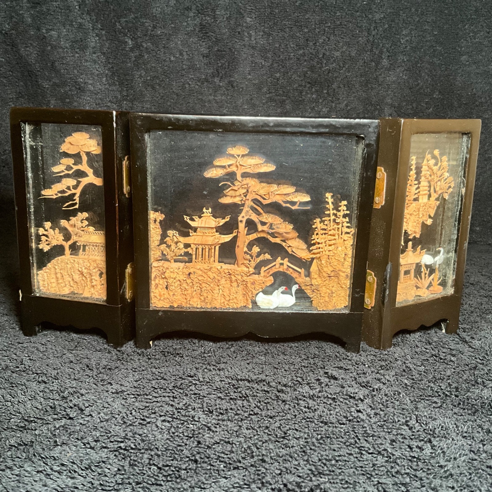 2x-VTG SAN YOU Tri-Fold Oriental Hand Carved Cork Pagoda Diorama w Cranes
