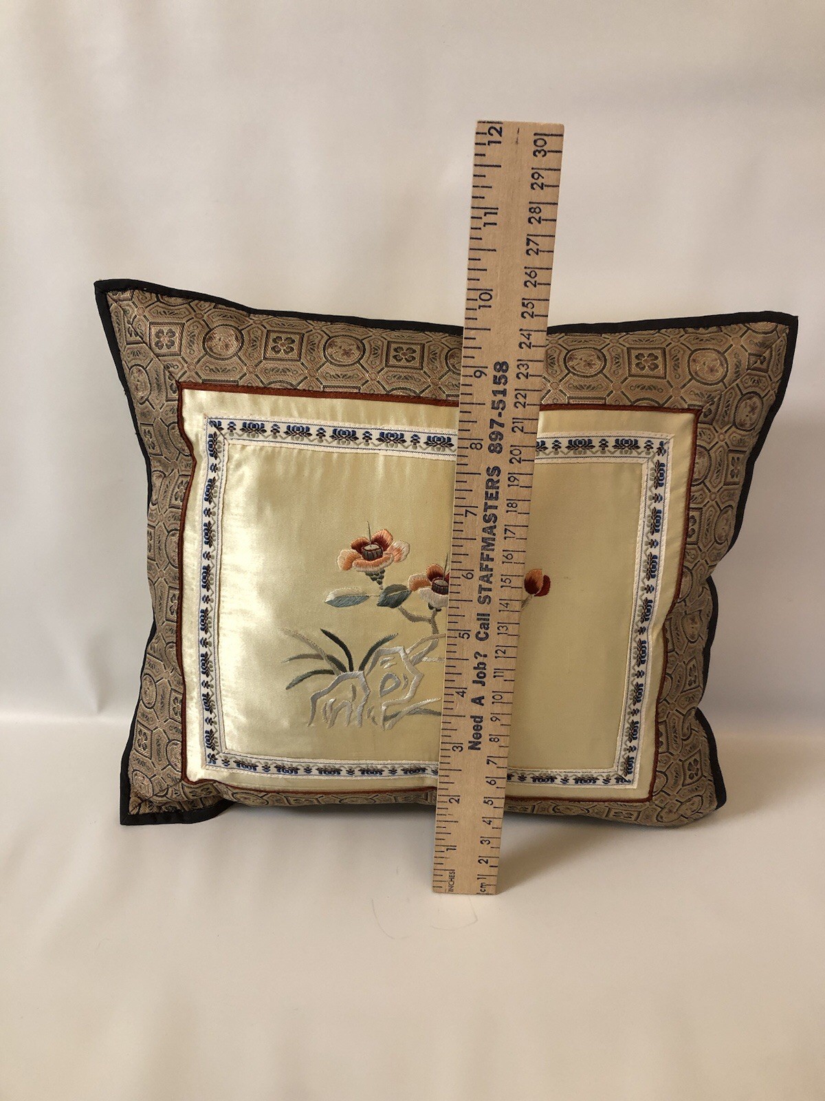Vtg PEKING CHINESE HAND EMBROIDERED SILK FLORAL PILLOW 11”x9.5” Yellow