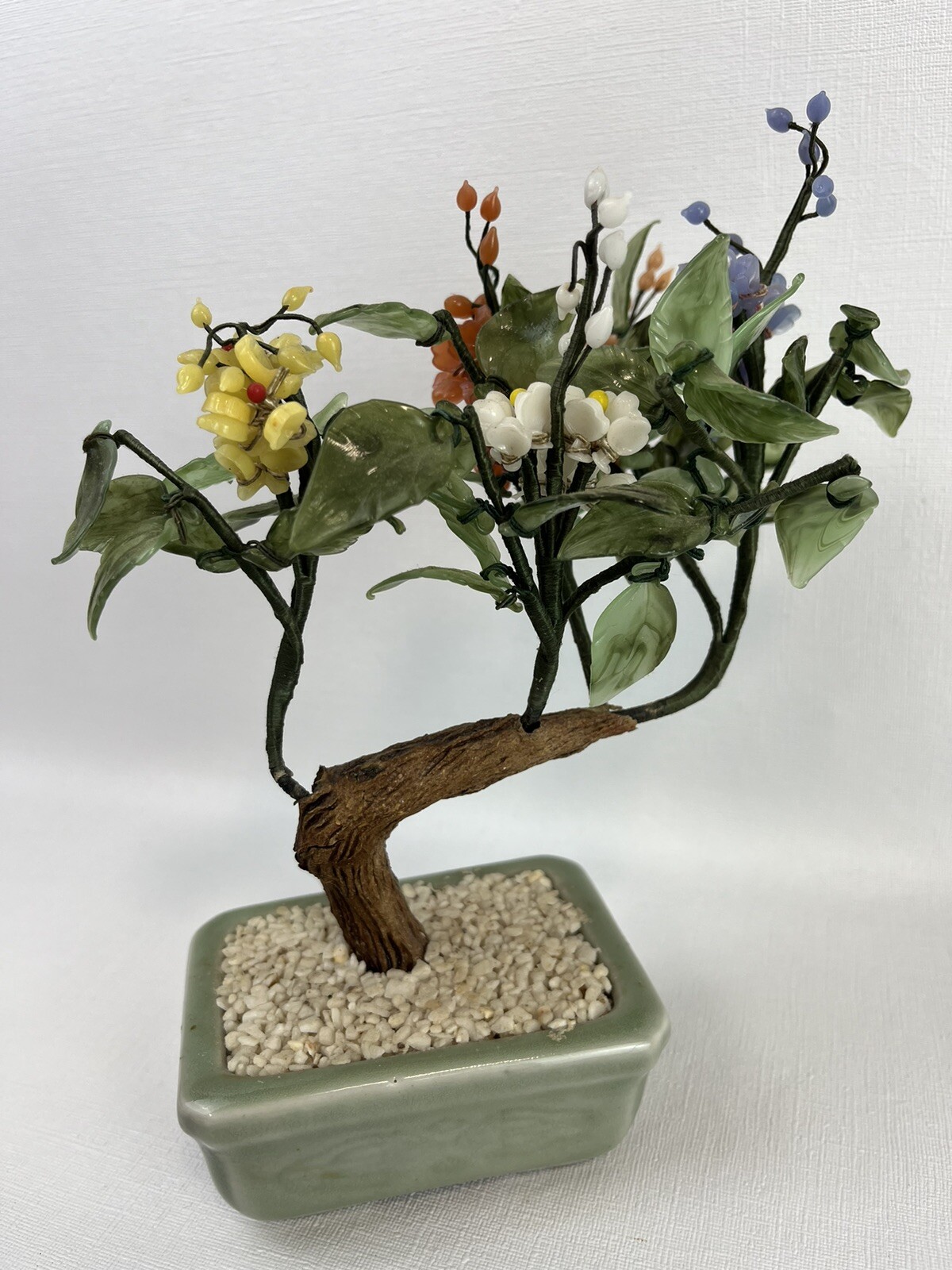 Vintage Floral Bonsai Tree Jade Stone Glass Asian Flowers Japan Pot
