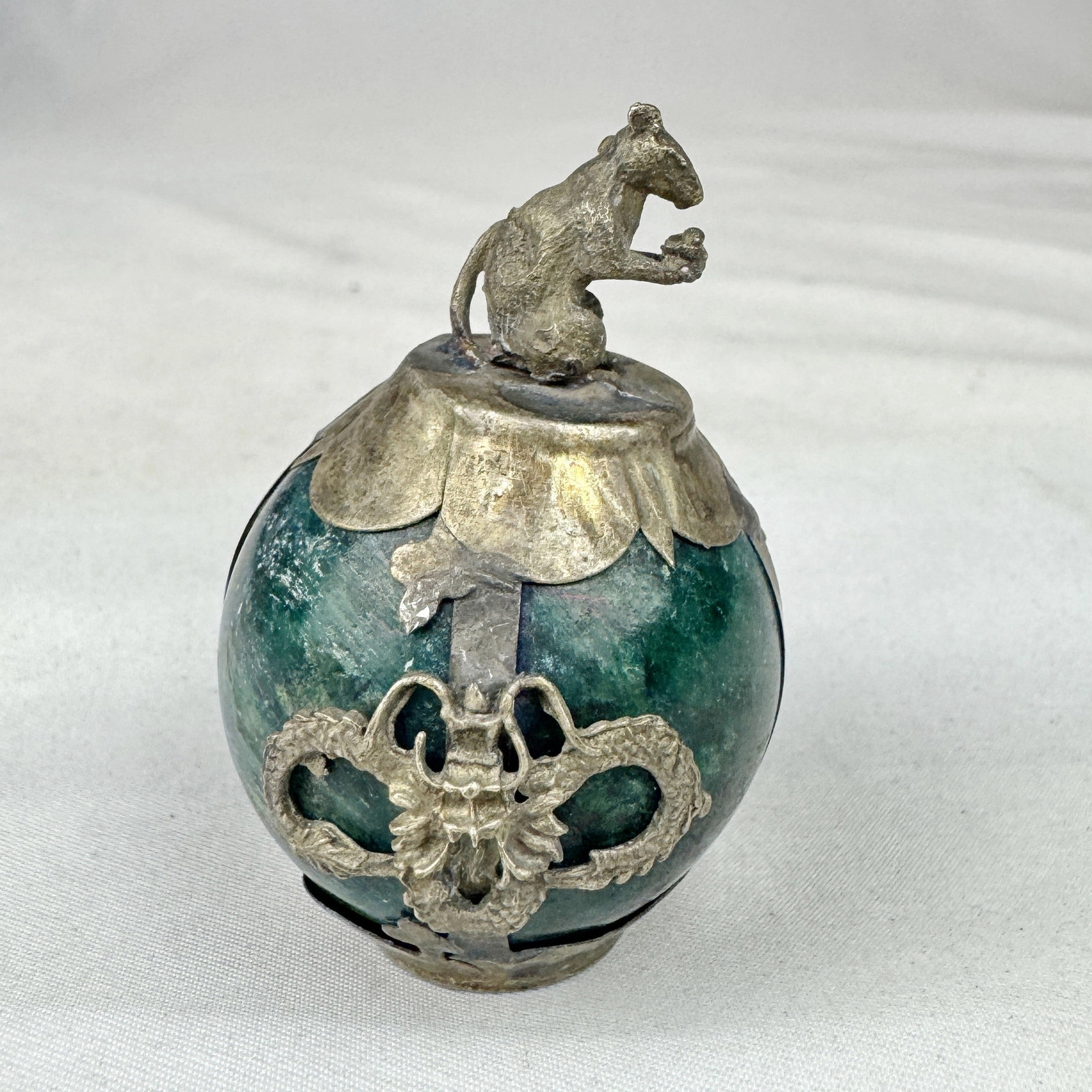 Vintage Chinese Zodiac RAT Green Marble Orb, Pewter/Tin Finial and Dragon Motif