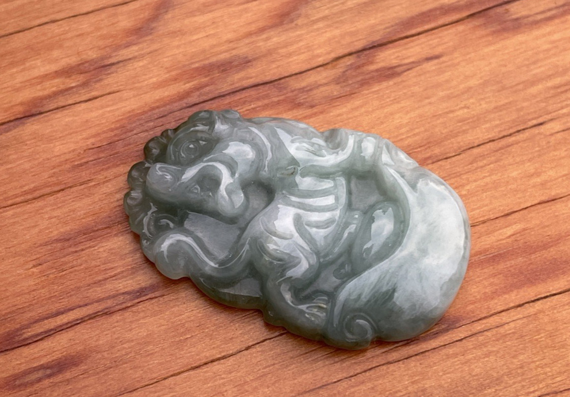 Pair Nephrite Jade Pendants Qilin & Foo Dog Ancient Style Carved Translucent MCM