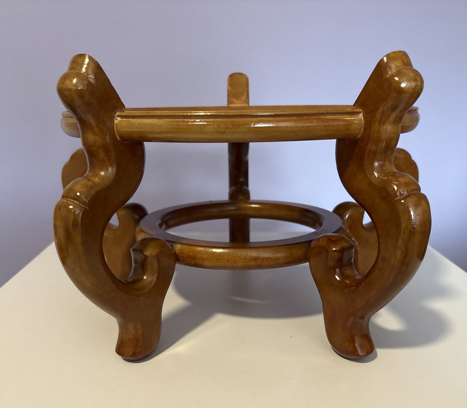 Carved Wood Plant Stand Display Honey Brown Vase Fish Bowl Asian Oriental 10”