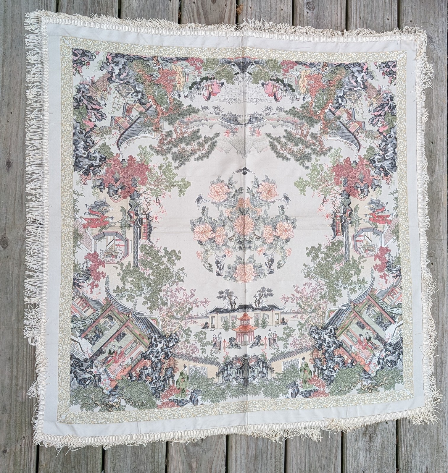 Vtg Chinese Silk Tapestry Tablecloth Fringe 37×37 Chinoiserie by Brocaded Flower