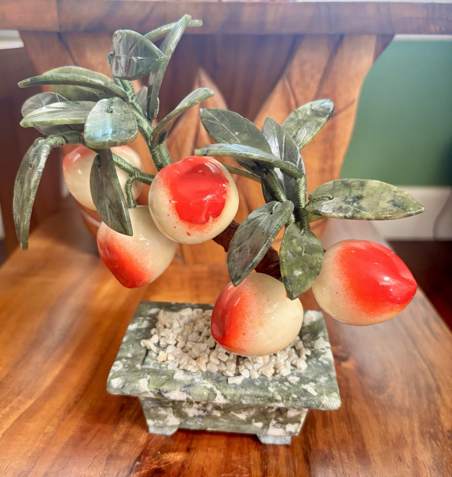 VTG Chinese Glass Jade Bonsai Tree with Plums in Rectangular Planter 7.5″ Tall
