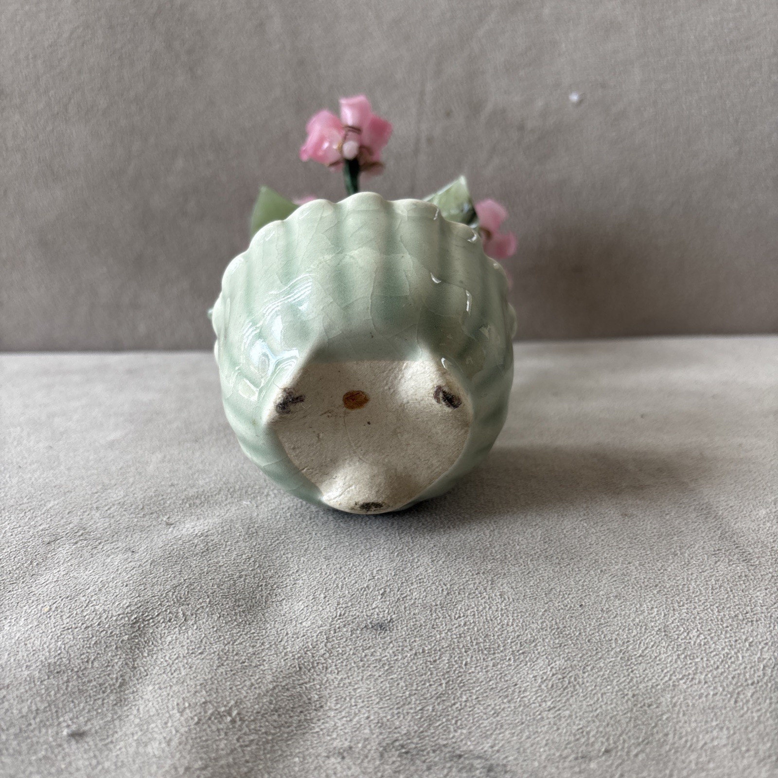 Vintage Chinese Bonsai Tree Jade Glass Leaves Pink Flowers in Green Celadon Pot