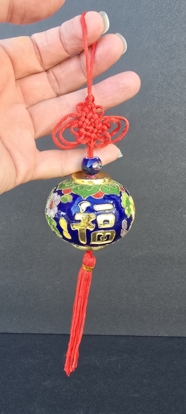 Vtg Oriental Chinese Cloisonne Enamel Ball Gold Red Knot & Tassel Ornament
