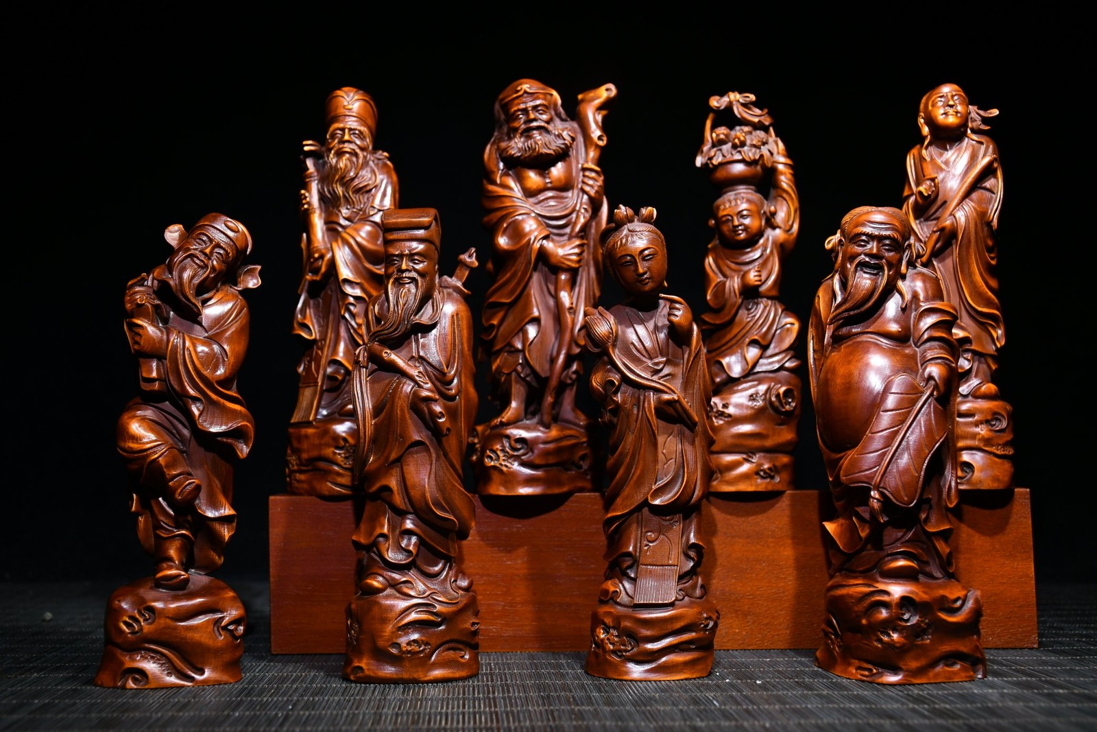 8PCS 5.9″ Collect China Box-wood Hand-Carved Eight Immortals Buddha Statue Set