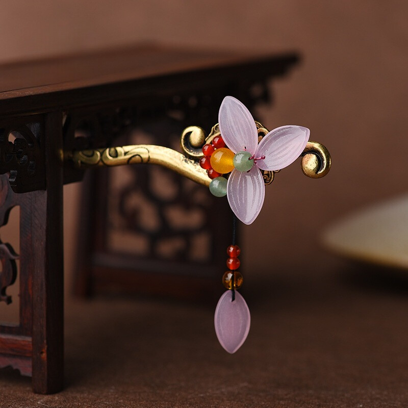 China Alloy/Coloured Glaze/Agate Peach Flower Tibetan Style Exquisite Hairpin