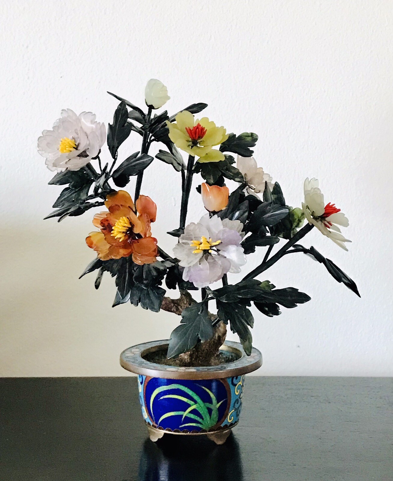 Chinese Jade Bonsai Tree in Cloisonne Pot, 8.5” Inches Tall