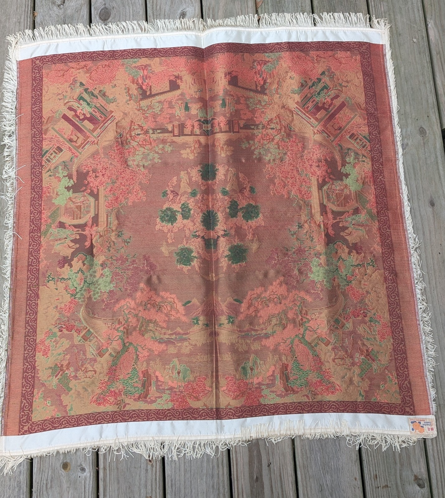 Vtg Chinese Silk Tapestry Tablecloth Fringe 37×37 Chinoiserie by Brocaded Flower