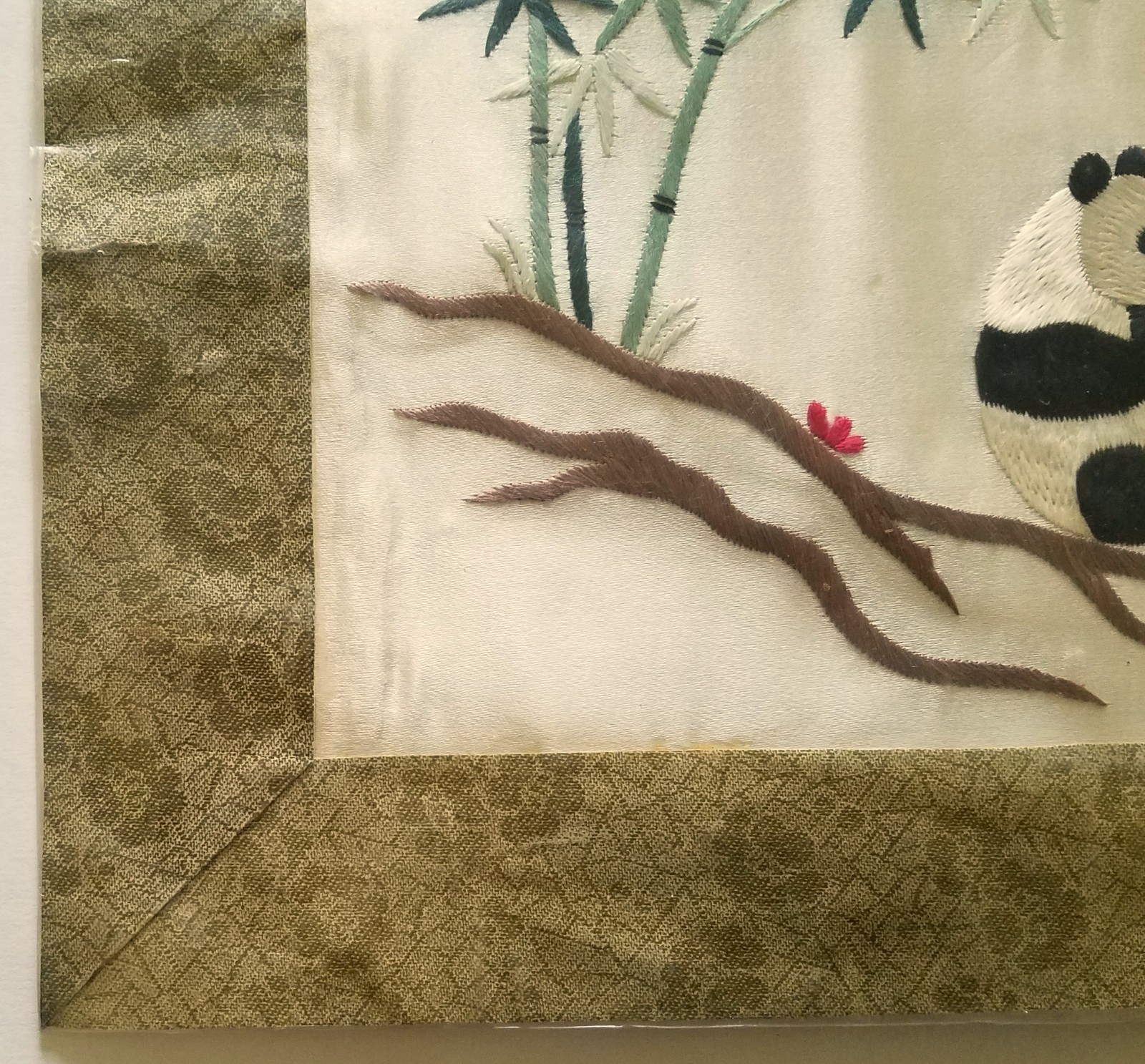 Chinese Embroidered Pandas and Bamboo Picture on Silk, Circa 2001