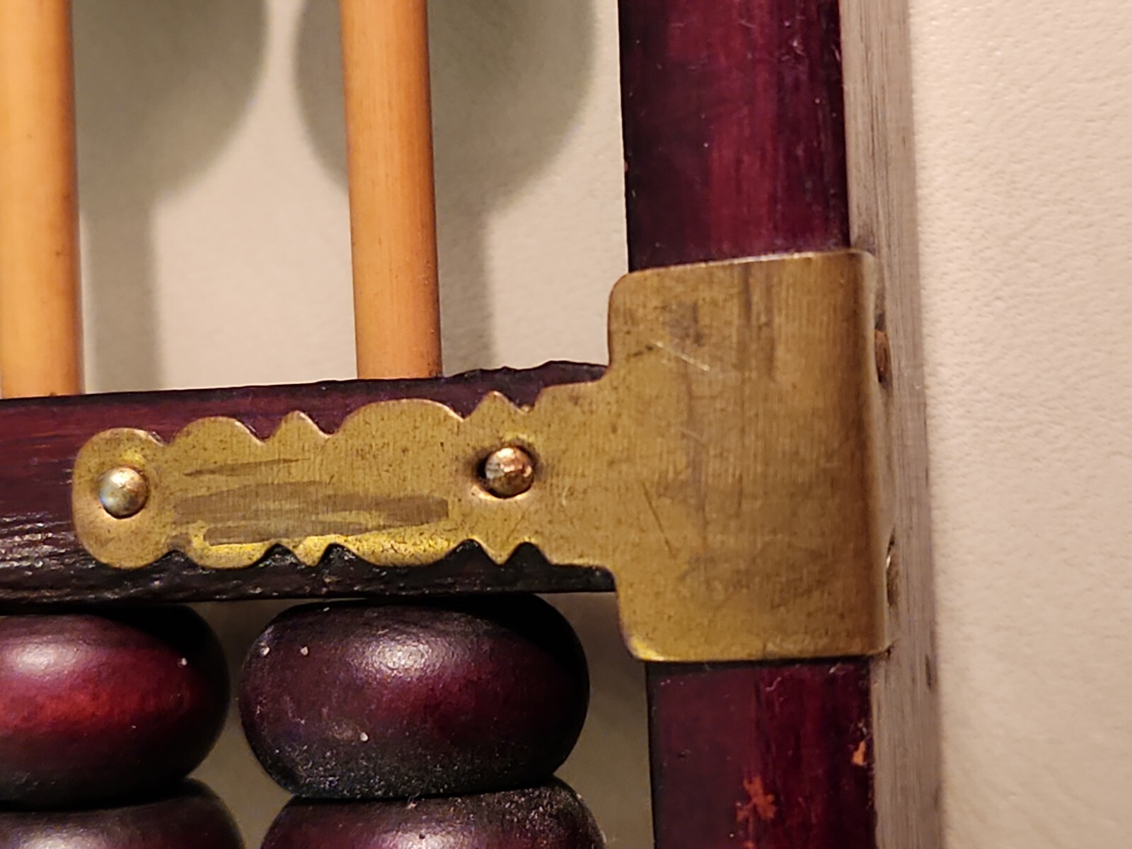 Vintage Chinese Red Lion abacus Wuhan China, wood brass?accents w 13 rods, as is