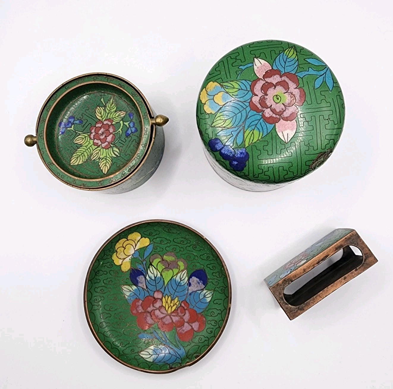 Vtg Green Chinese Lidded Cigarette Matches Ashtray Cloisonné Set Blue Enamel