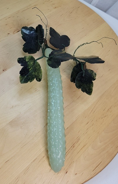 VTG Rare Chinese Green Jade Prickly Cucumber and Leaves 9.5″