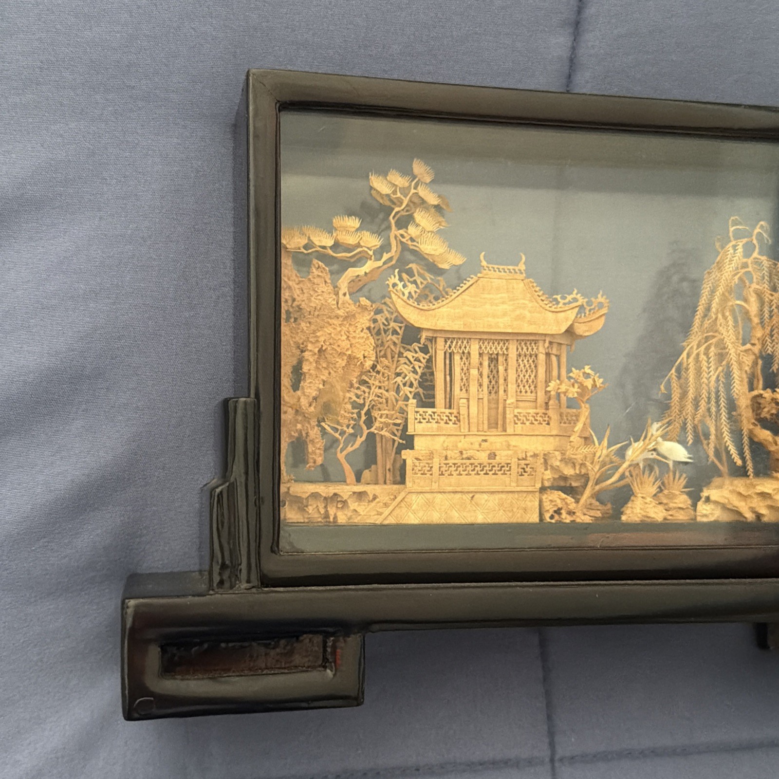 Vintage Chinese San You Cork Art Hand Carved Diorama Pagoda Cranes Trees