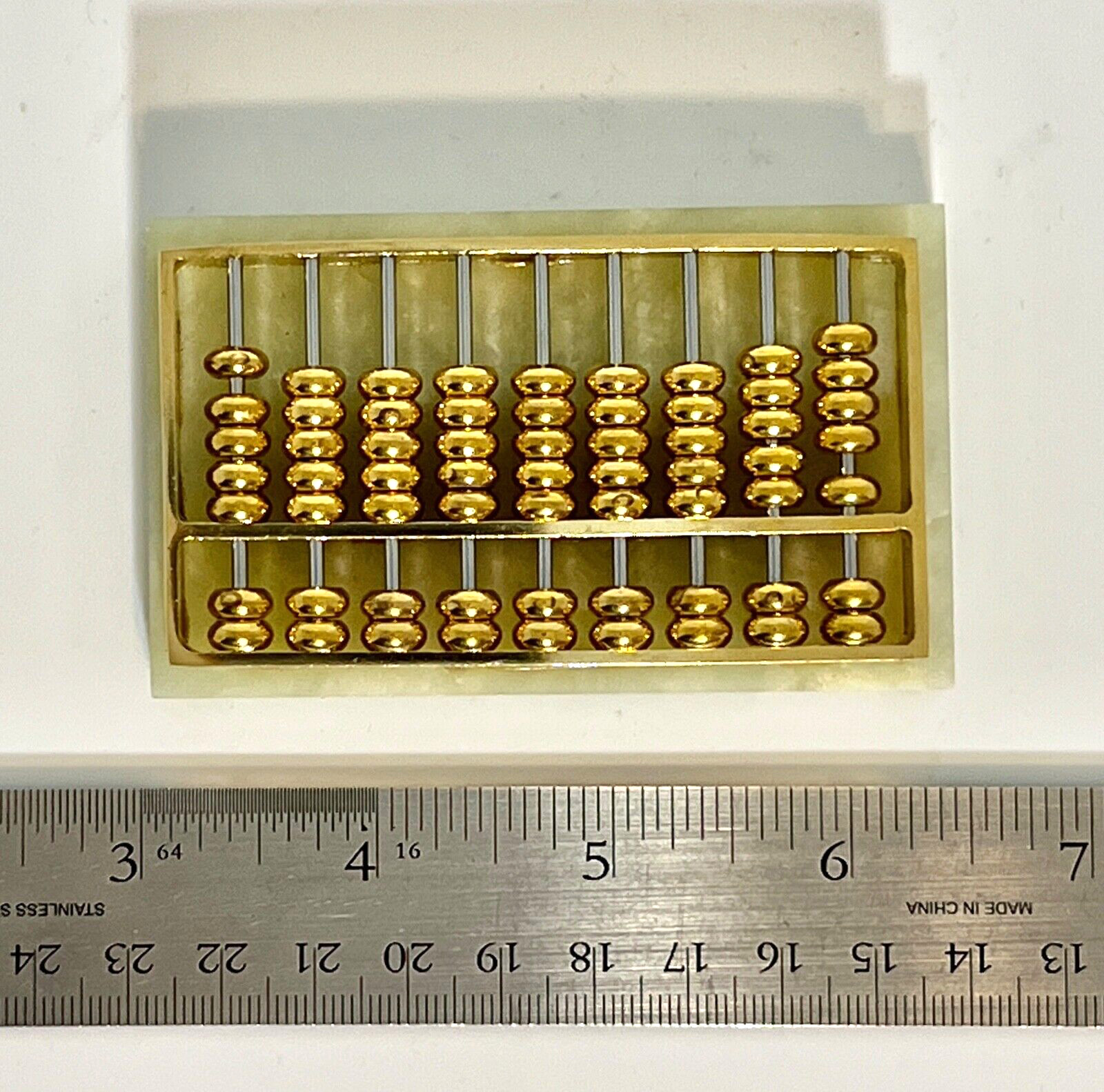 Vtg Mini Brass ABACUS Paper Weight Lt Green Marble Base 3.25″x2″ Desk Office NIB