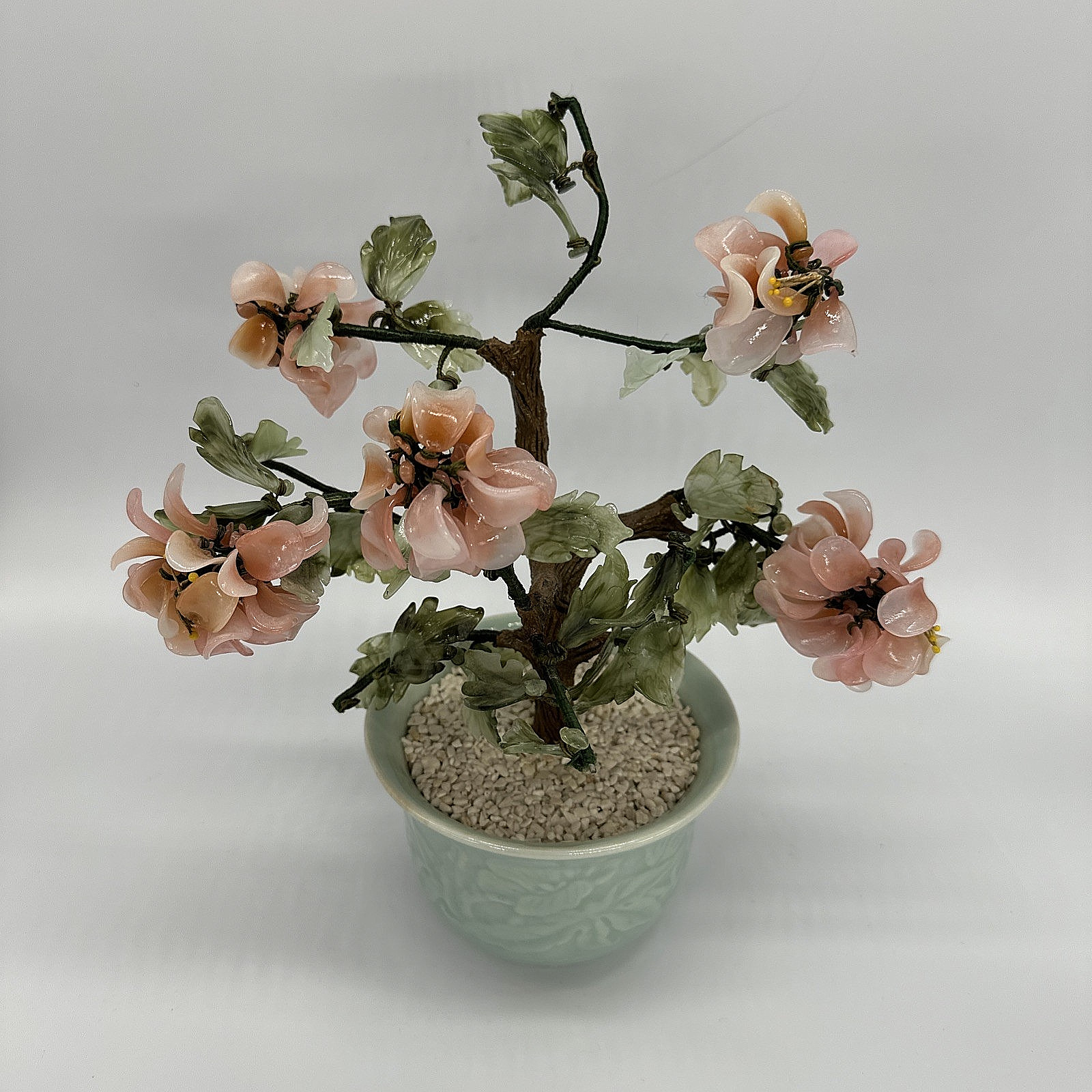 Vtg Chinese Jade Glass Cherry Blossom Bonsai Tree Pink Flower Celadon Pot 11×9.5